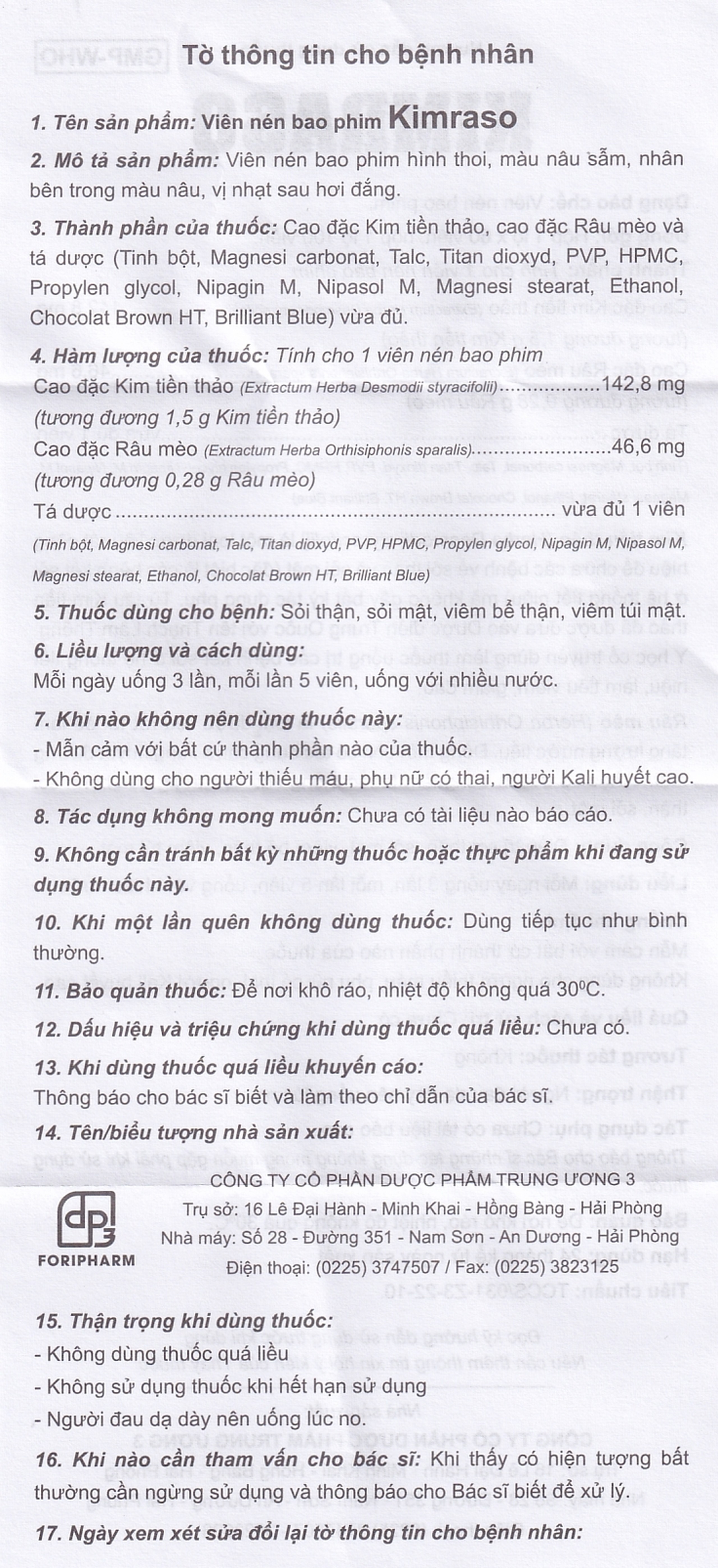 Viên nén Kimraso Forifarm điều trị sỏi thận, sỏi mật, viêm bể thận, viêm túi mật (60 viên)