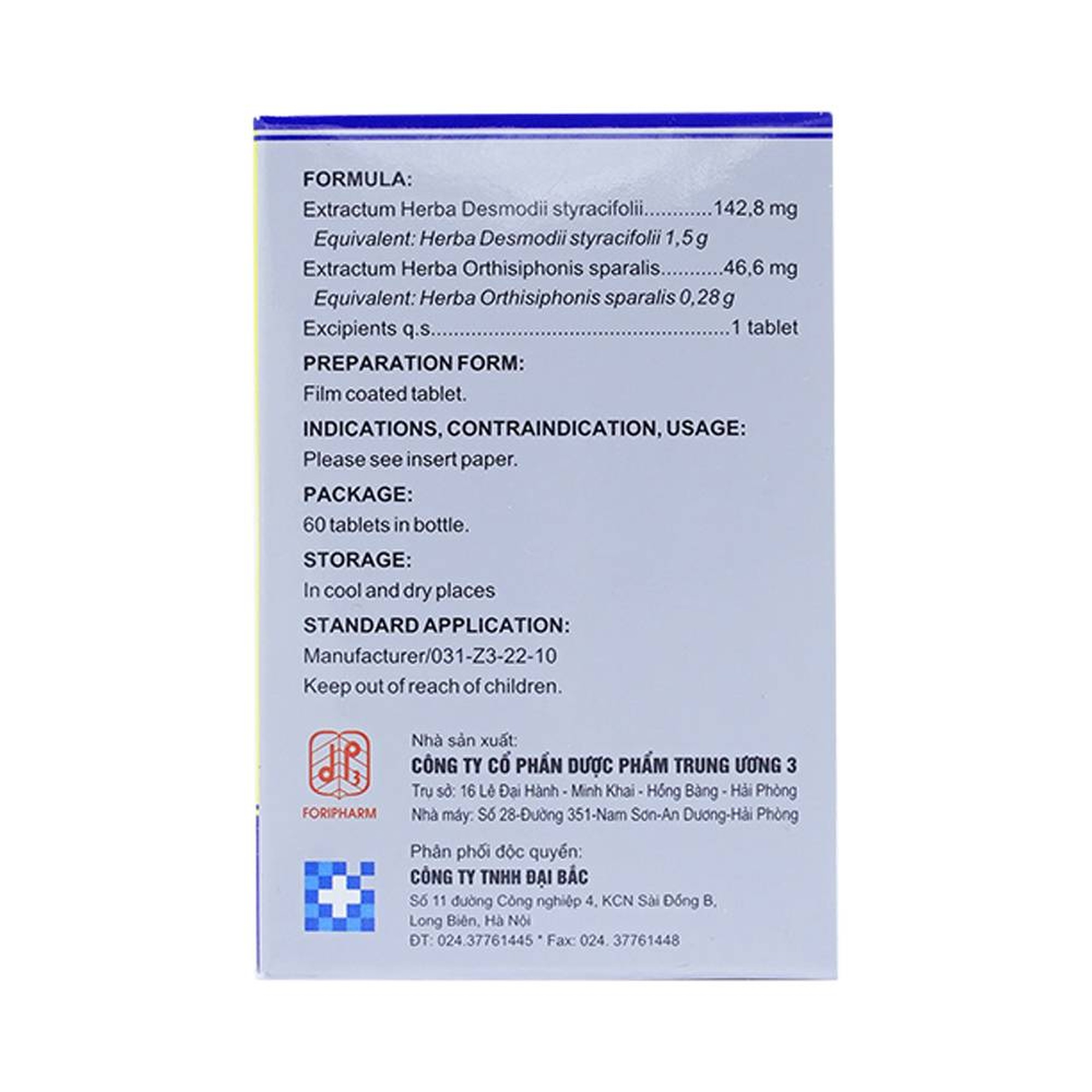 Viên nén Kimraso Forifarm điều trị sỏi thận, sỏi mật, viêm bể thận, viêm túi mật (60 viên)