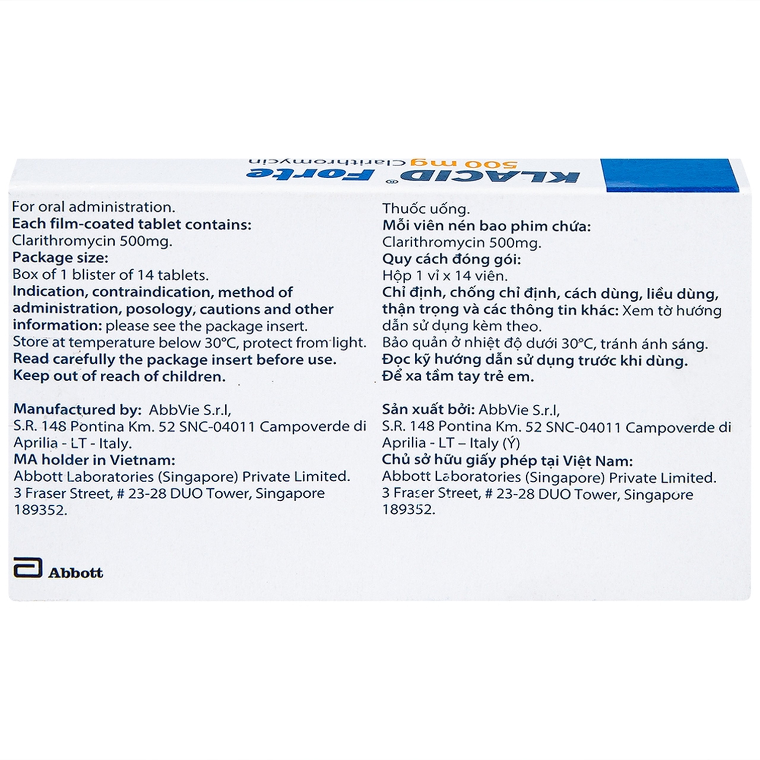 Thuốc Klacid Forte 500mg Abbott điều trị nhiễm trùng đường hô hấp (14 viên)