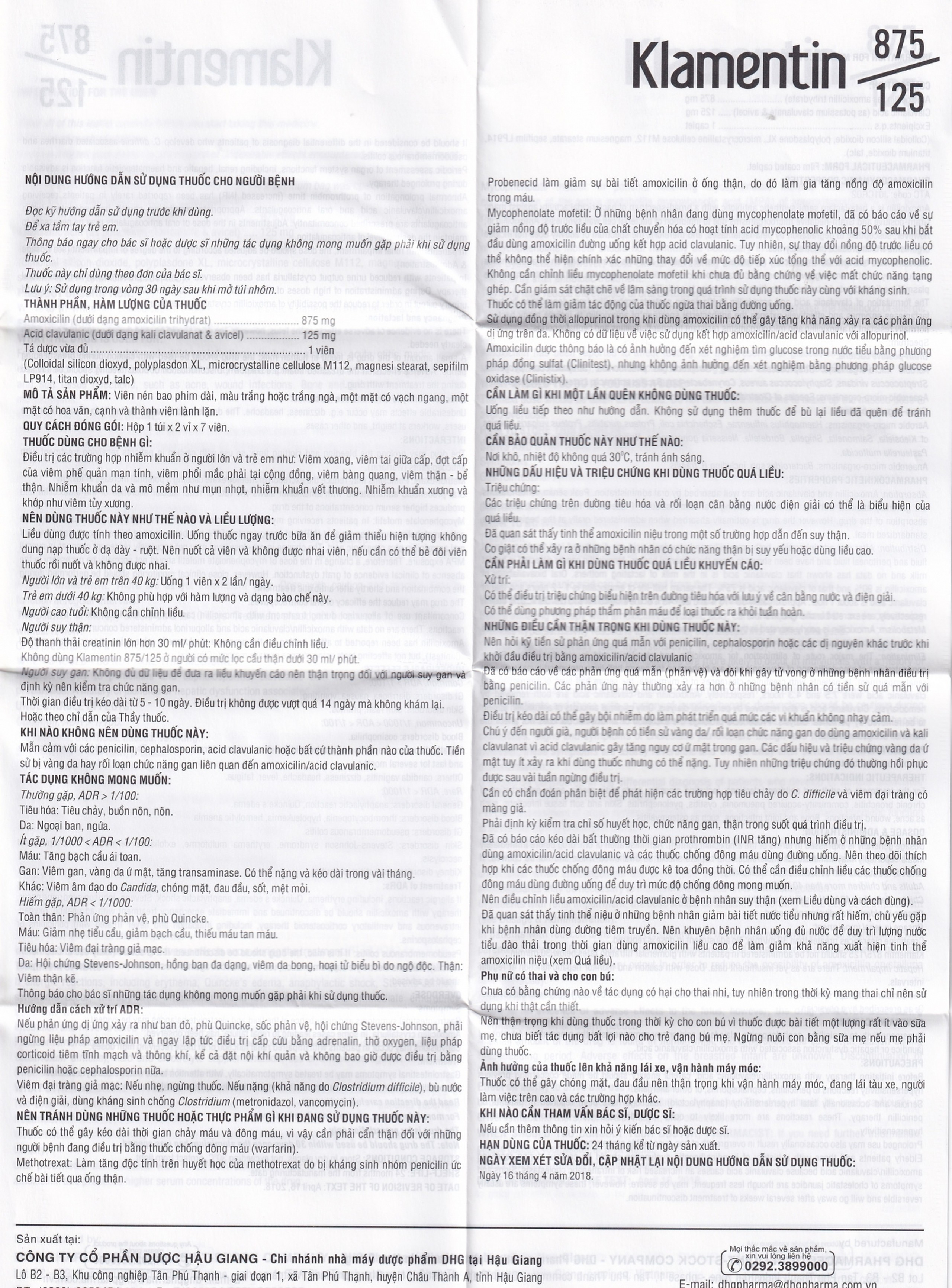Viên nén Klamentin 875/125 DHG Pharma điều trị viêm xoang, viêm tai giữa, viêm phế quản (2 vỉ x 7 viên)