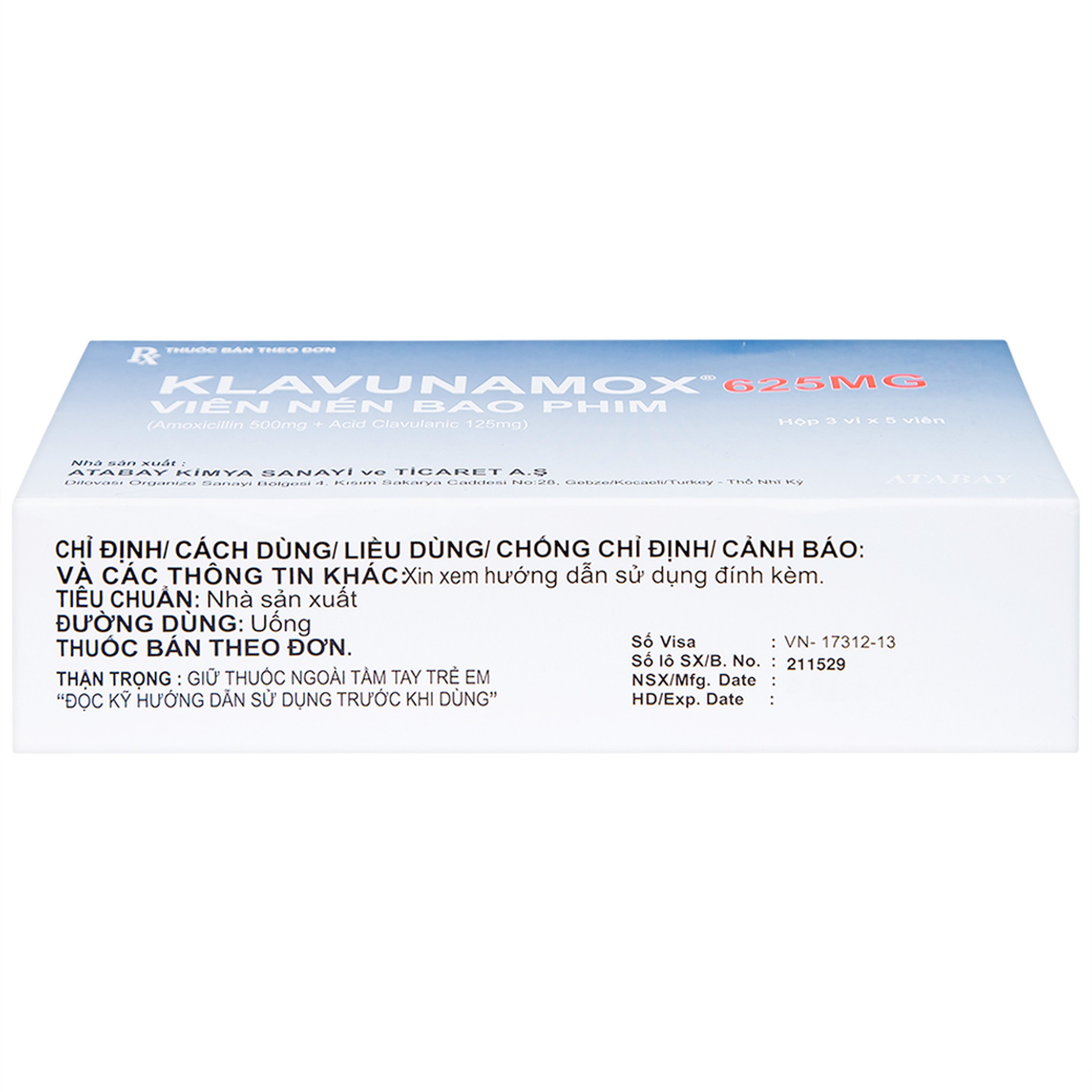 Thuốc Klavunamox 625mg Atabay điều trị nhiễm khuẩn đường hô hấp, da và mô mềm (3 vỉ x 5 viên)