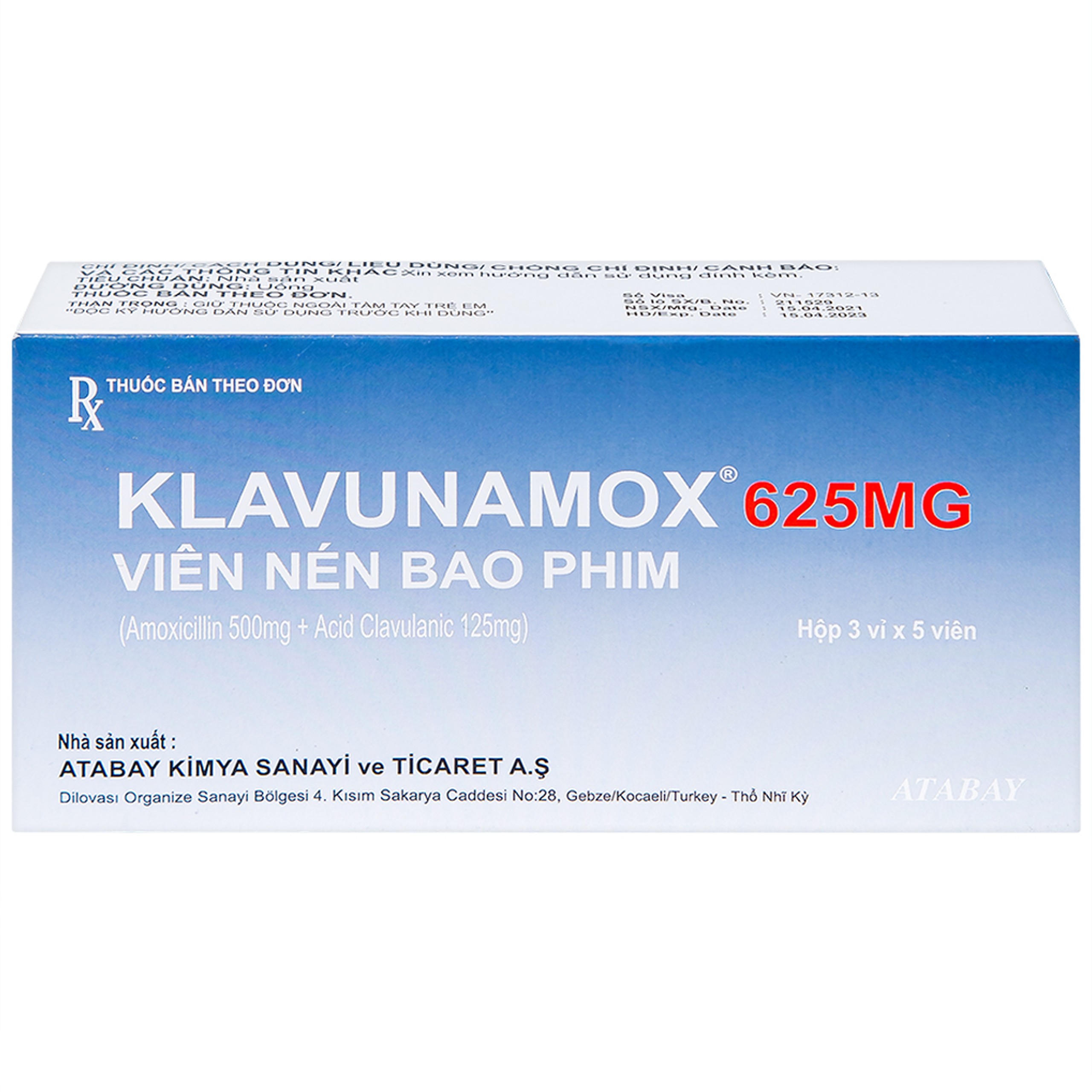 Thuốc Klavunamox 625mg Atabay điều trị nhiễm khuẩn đường hô hấp, da và mô mềm (3 vỉ x 5 viên)