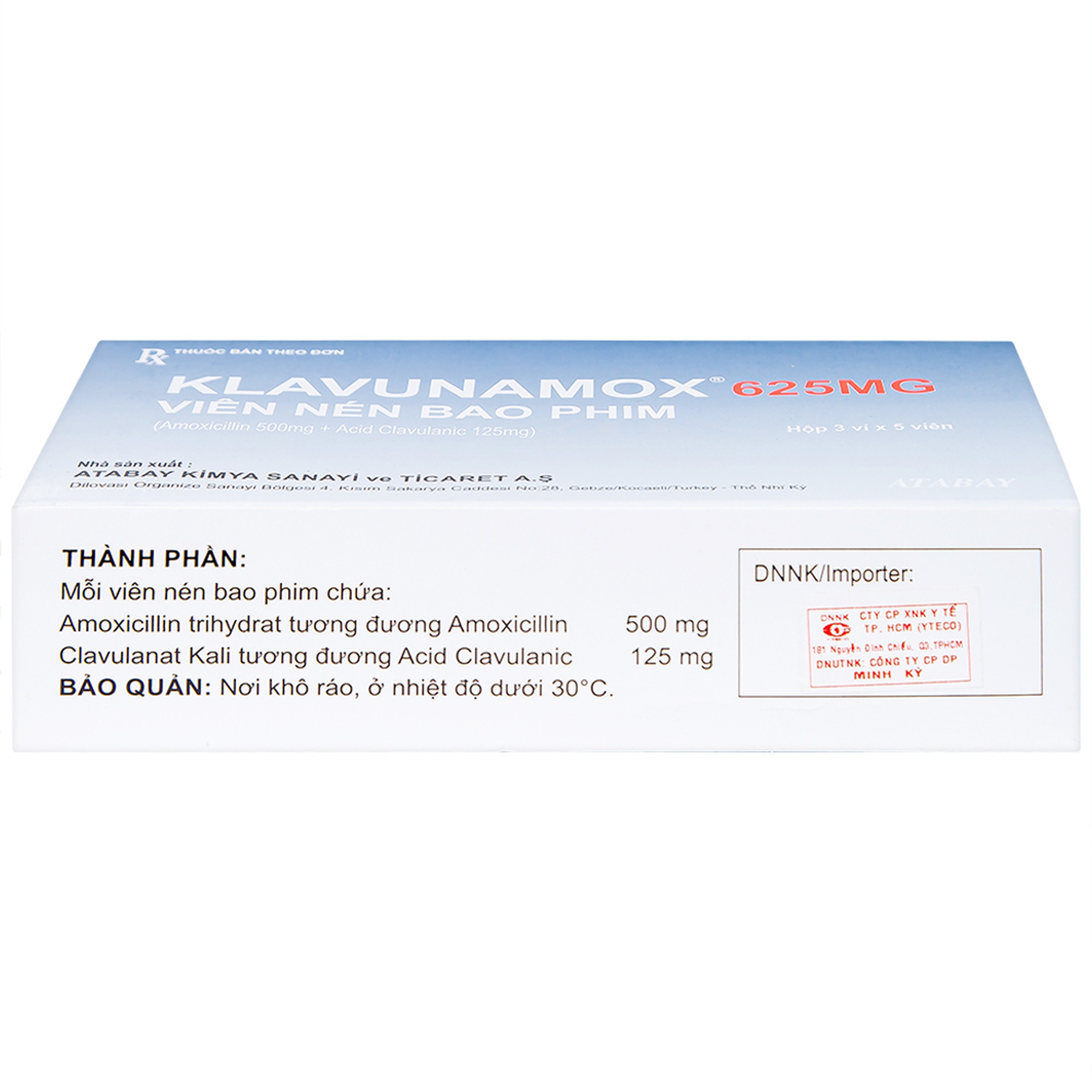 Thuốc Klavunamox 625mg Atabay điều trị nhiễm khuẩn đường hô hấp, da và mô mềm (3 vỉ x 5 viên)