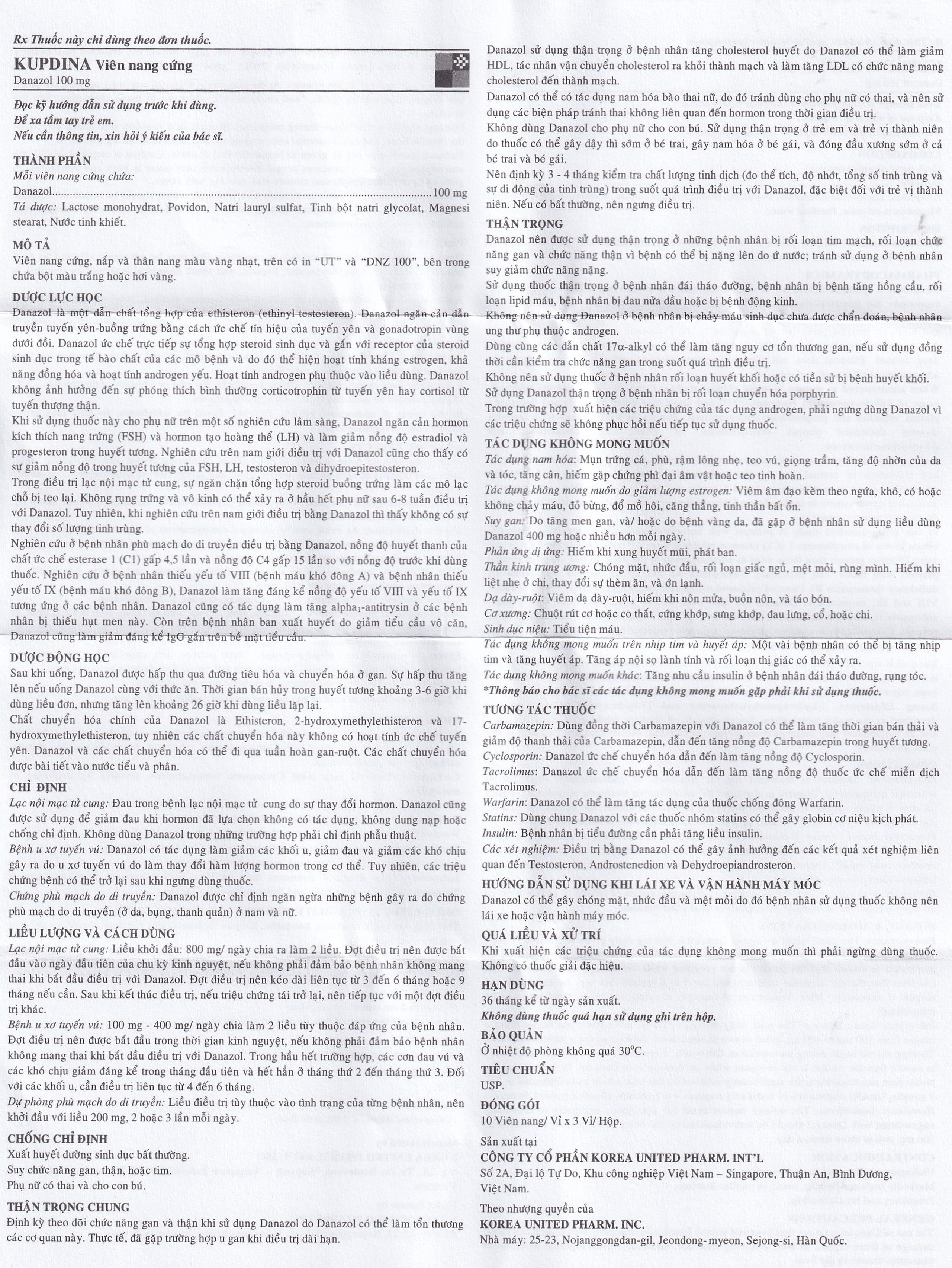 Viên nang cứng Kupdina 100mg Korea United Pharm điều trị đau trong lạc nội mạc tử cung, u xơ tuyến vú (3 vỉ x 10 viên)