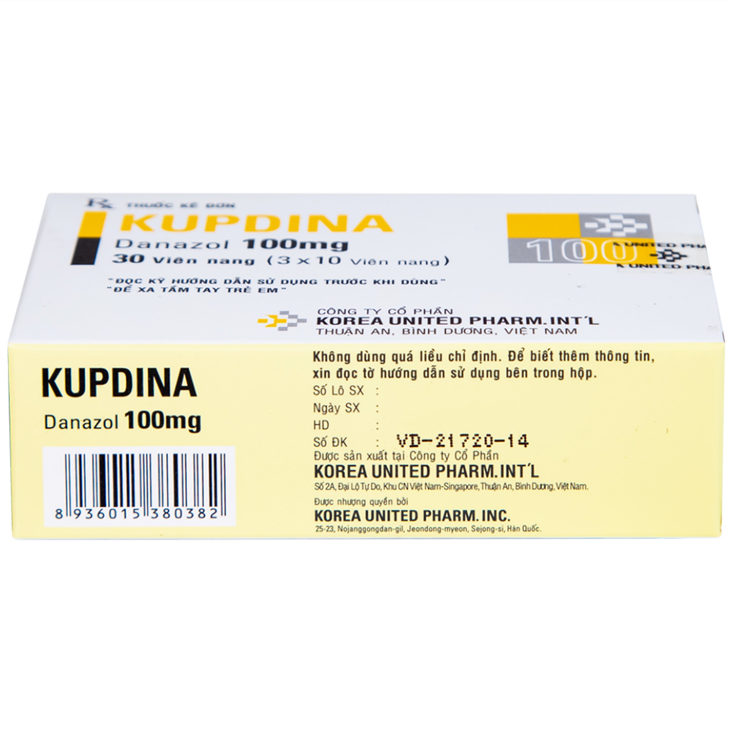 Viên nang cứng Kupdina 100mg Korea United Pharm điều trị đau trong lạc nội mạc tử cung, u xơ tuyến vú (3 vỉ x 10 viên)