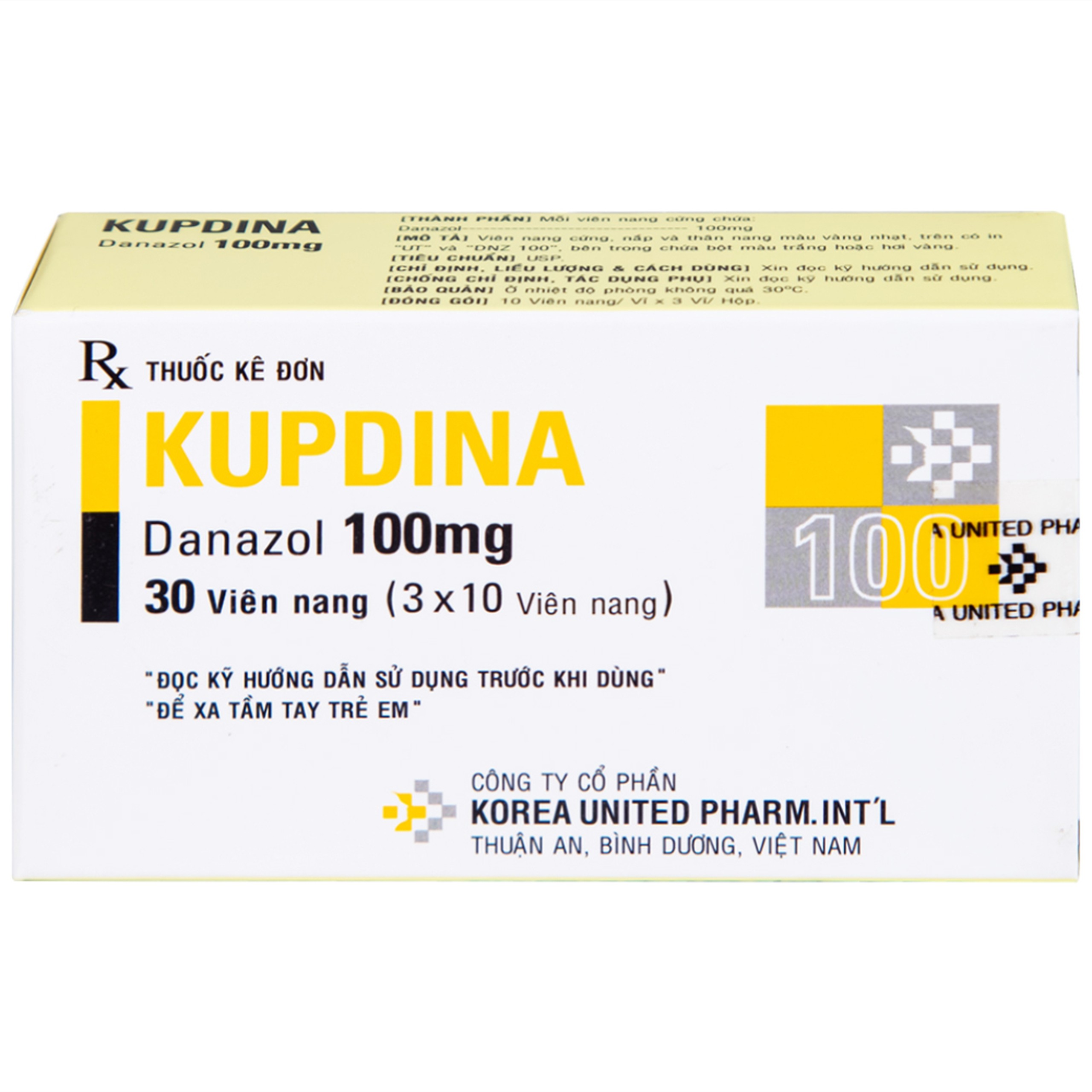 Viên nang cứng Kupdina 100mg Korea United Pharm điều trị đau trong lạc nội mạc tử cung, u xơ tuyến vú (3 vỉ x 10 viên)