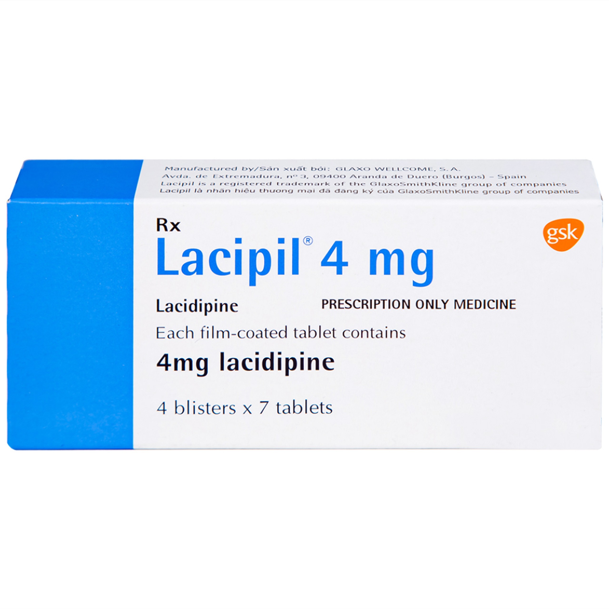 Viên nén Lacipil 4mg GSK điều trị tăng huyết áp (4 vỉ x 7 viên)