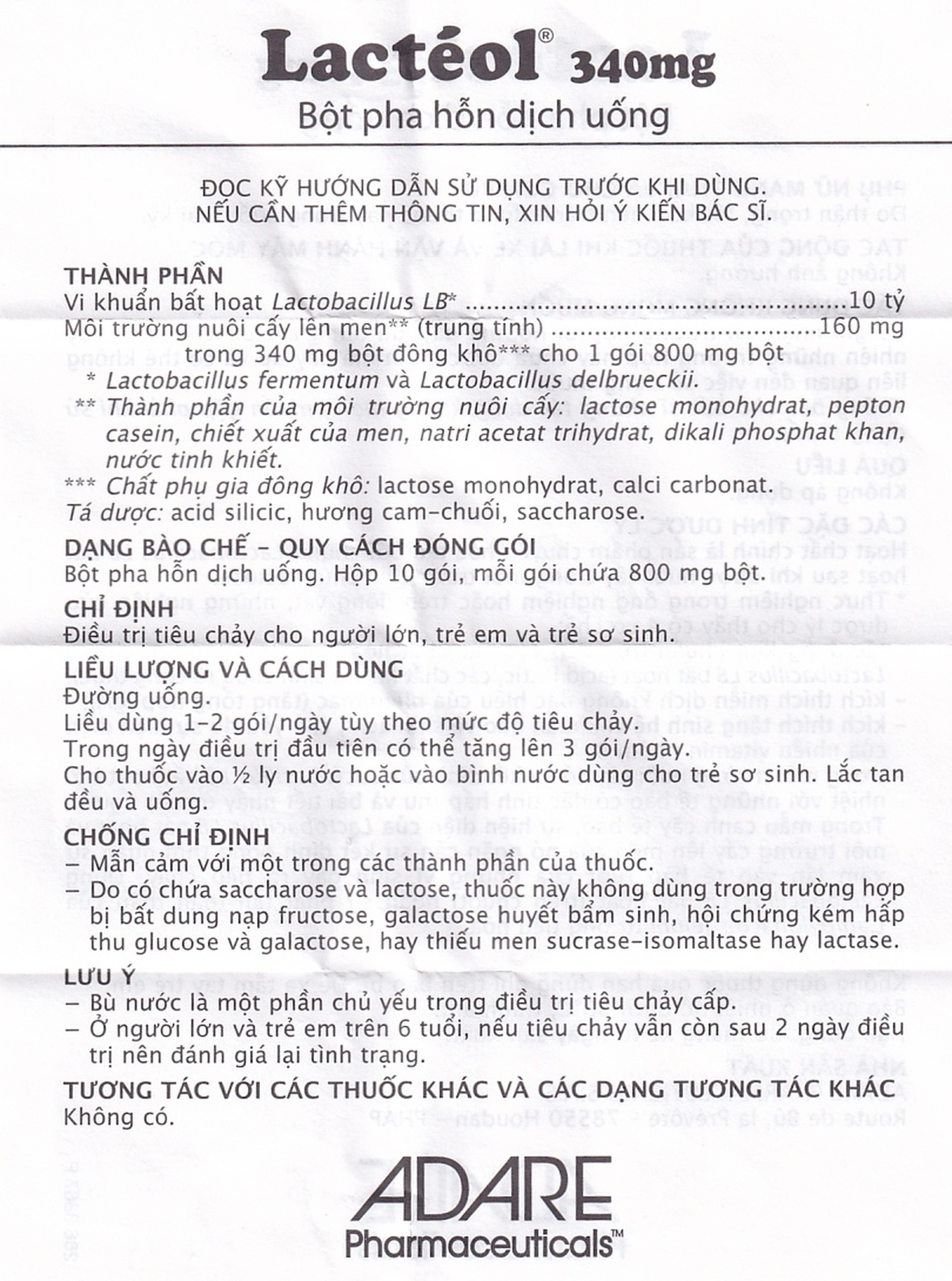 Bột pha hỗn dịch uống Lactéol 340mg điều trị tiêu chảy (10 gói) 