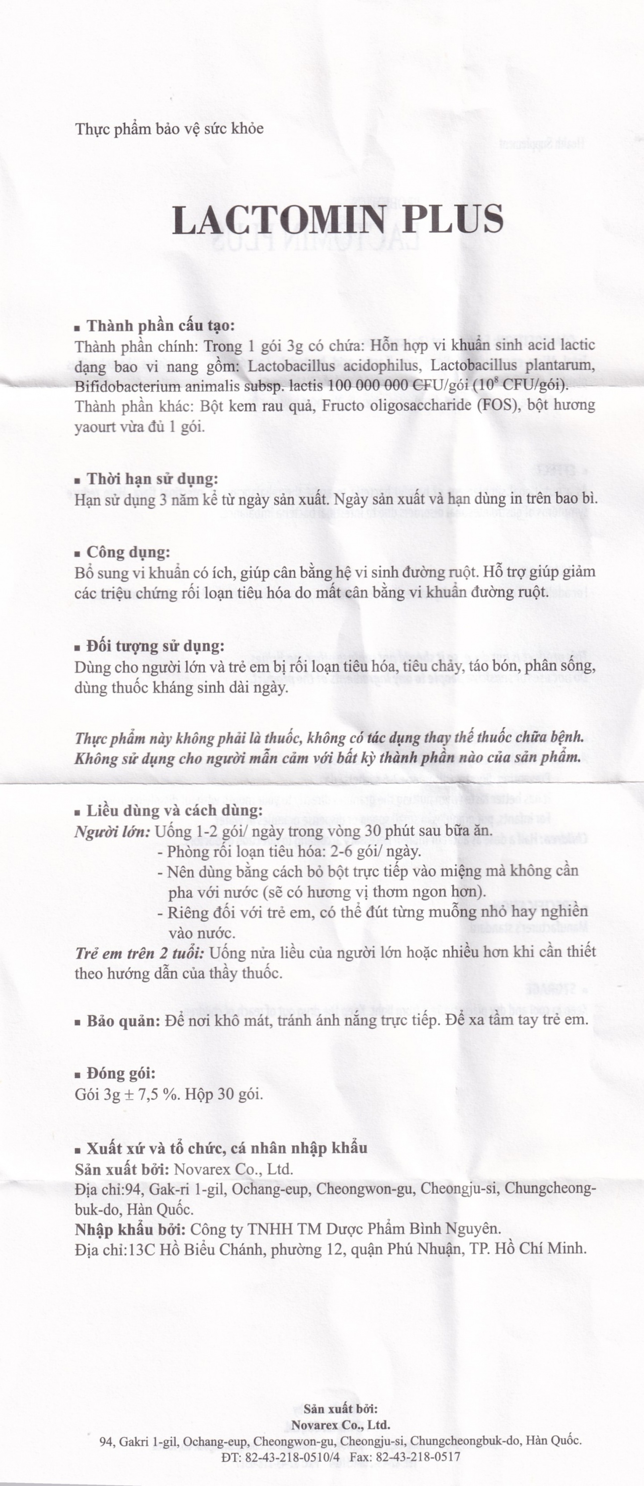 Cốm bổ sung lợi khuẩn Lactomin Plus Novarex (30 gói)