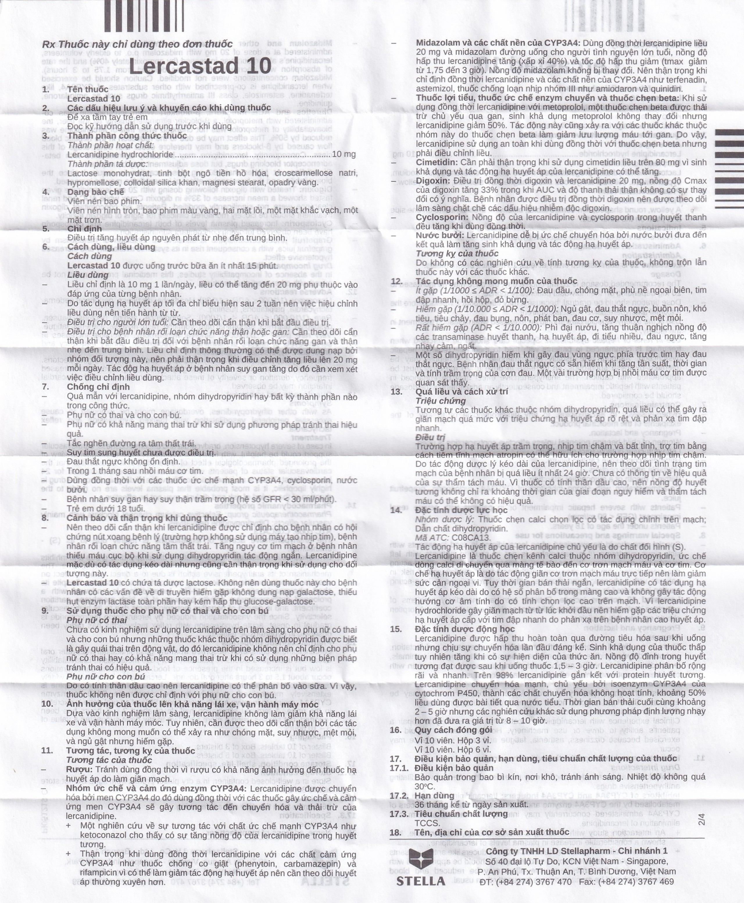 Viên nén Lercastad 10 Stella điều trị tăng huyết áp nguyên phát từ nhẹ đến trung bình (6 vỉ x 10 viên)