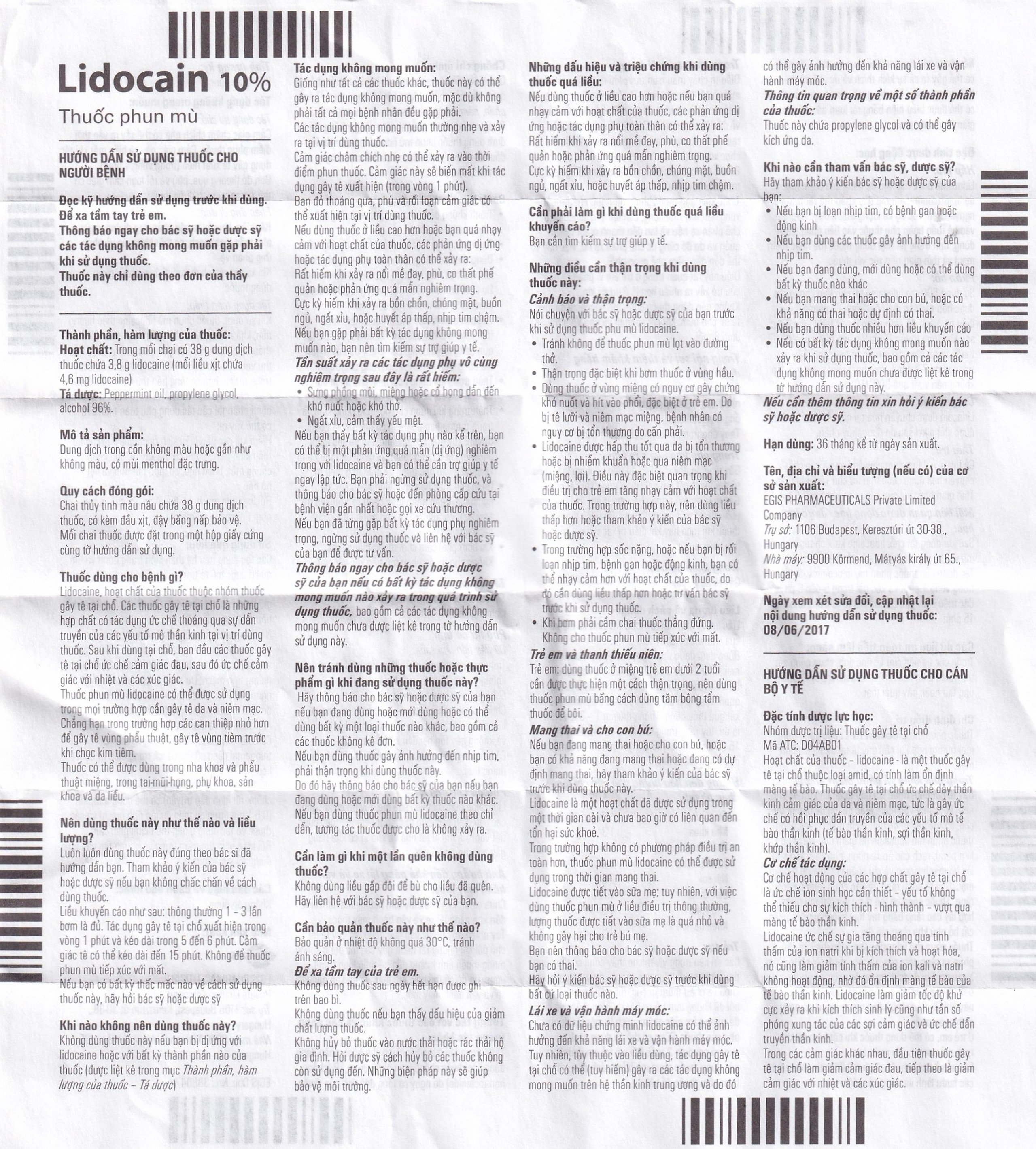 Thuốc phun mù Lidocain 10% Egis dùng trong chỉ định gây tê tại chỗ (38g)