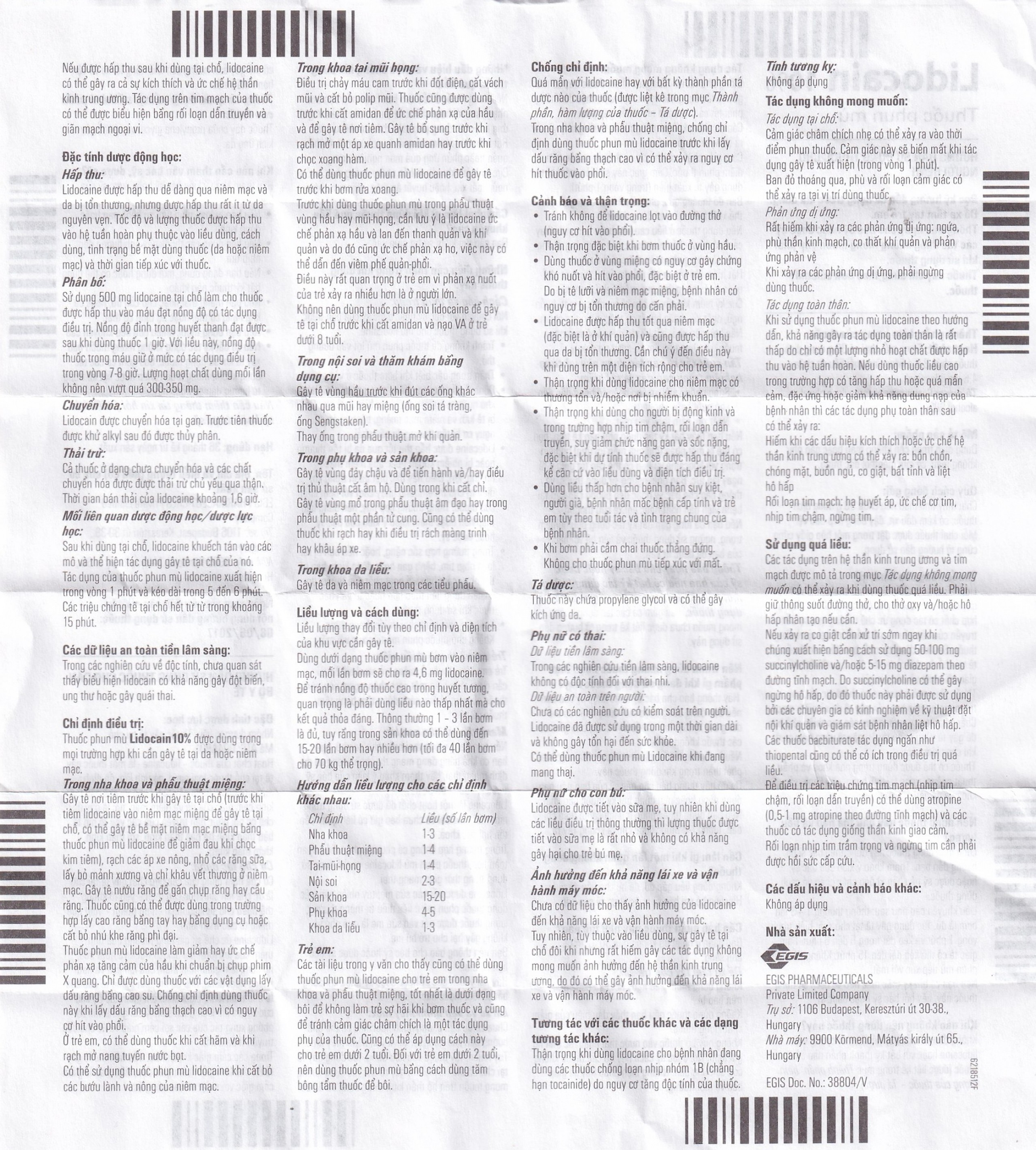 Thuốc phun mù Lidocain 10% Egis dùng trong chỉ định gây tê tại chỗ (38g)