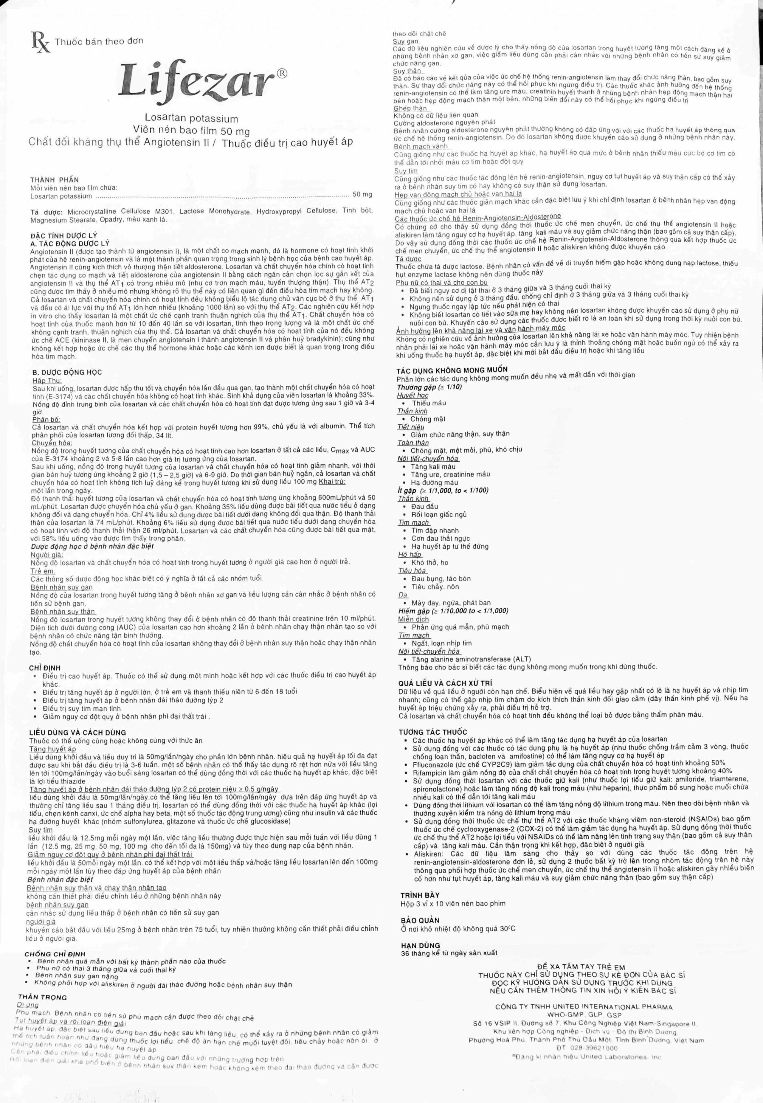 Viên nén Lifezar 50mg United điều trị cao huyết áp (3 vỉ x 10 viên)