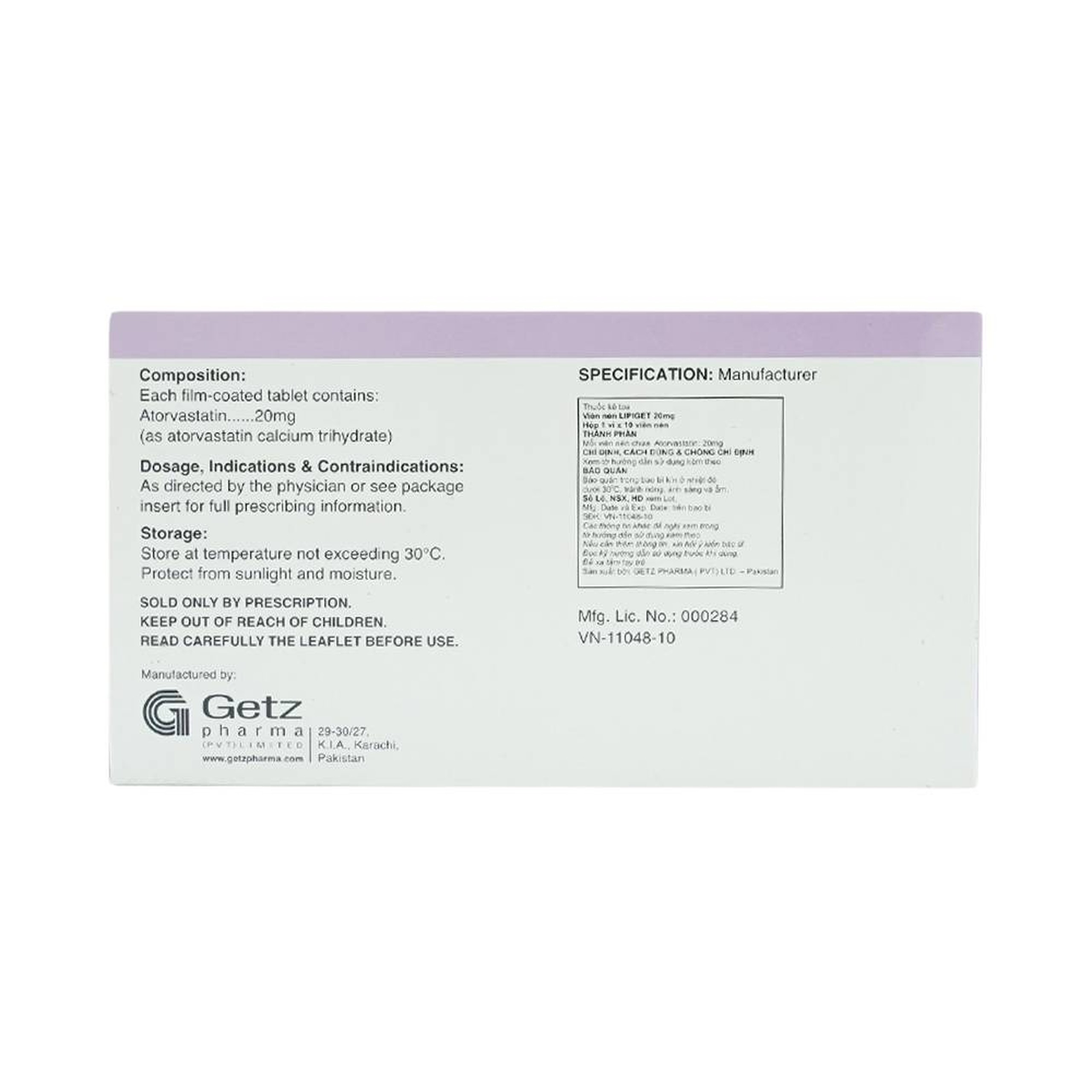 Thuốc Lipiget 20mg Getz hỗ trợ chế độ ăn kiêng trong giảm cholesterol toàn phần (1 vỉ x 10 viên)