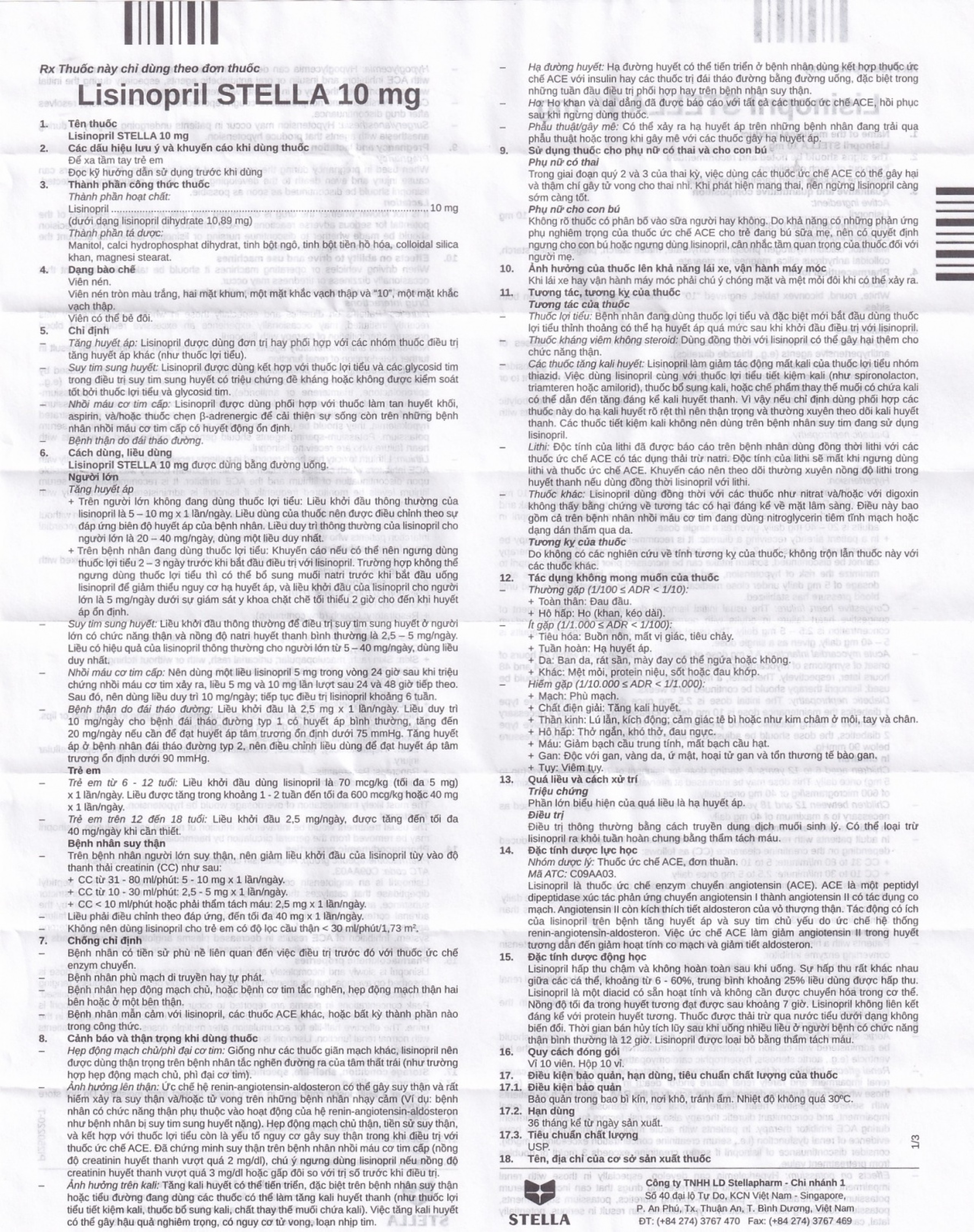 Viên nén Lisinopril Stella 10mg điều trị tăng huyết áp, suy tim sung huyết (10 vỉ x 10 viên)