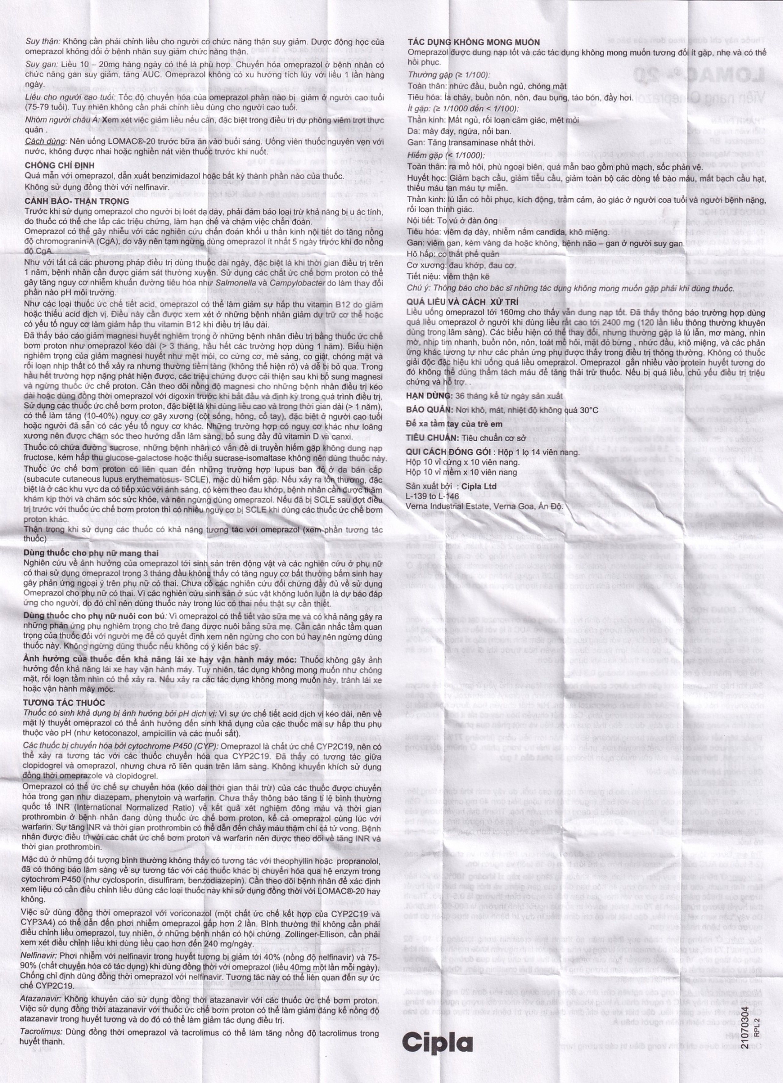 Thuốc Lomac-20 Cipla điều trị viêm loét dạ dày - tá tràng, trào ngược thực quản (10 vỉ x 10 viên)