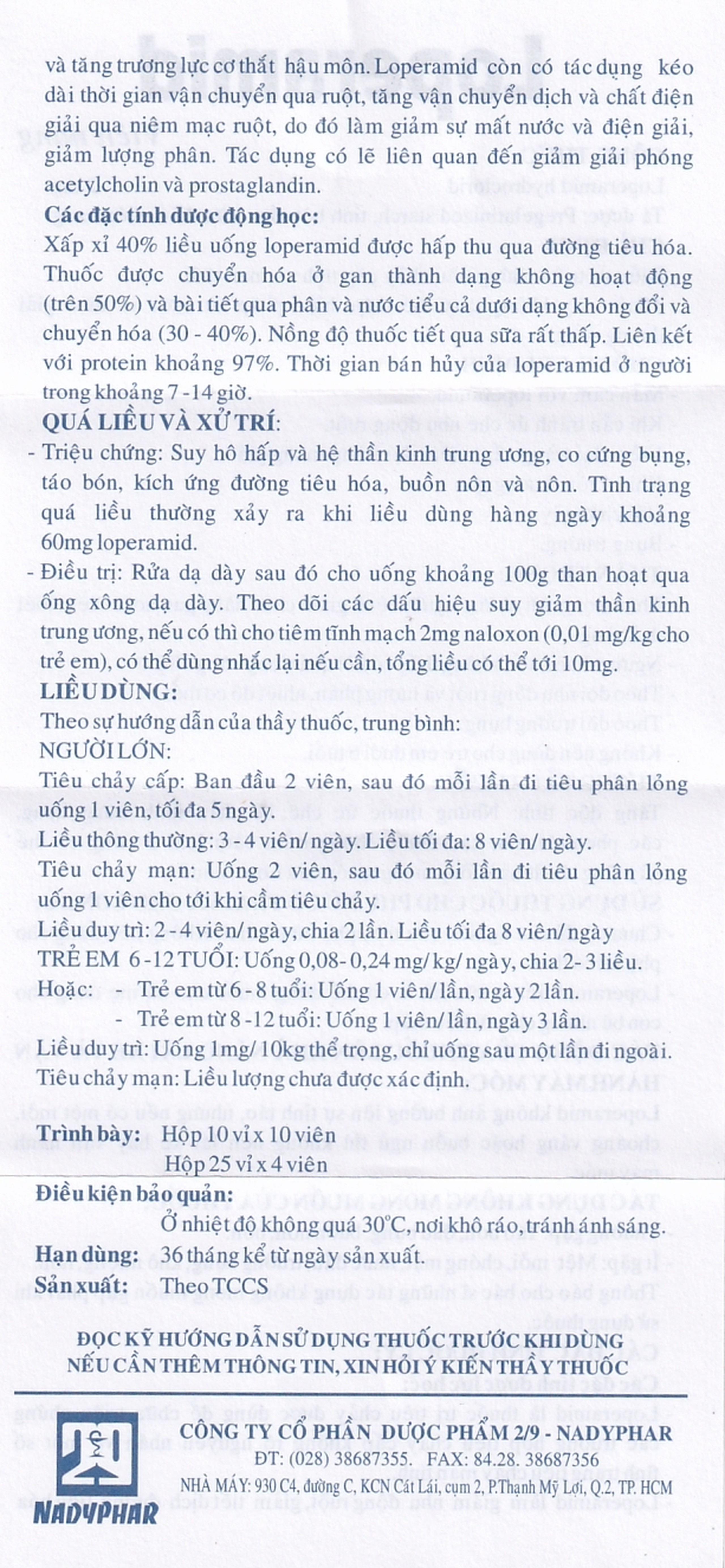 Viên nang cứng Loperamid 2mg Nadyphar điều trị triệu chứng tiêu chảy cấp tính và mạn tính (10 vỉ x 10 viên)