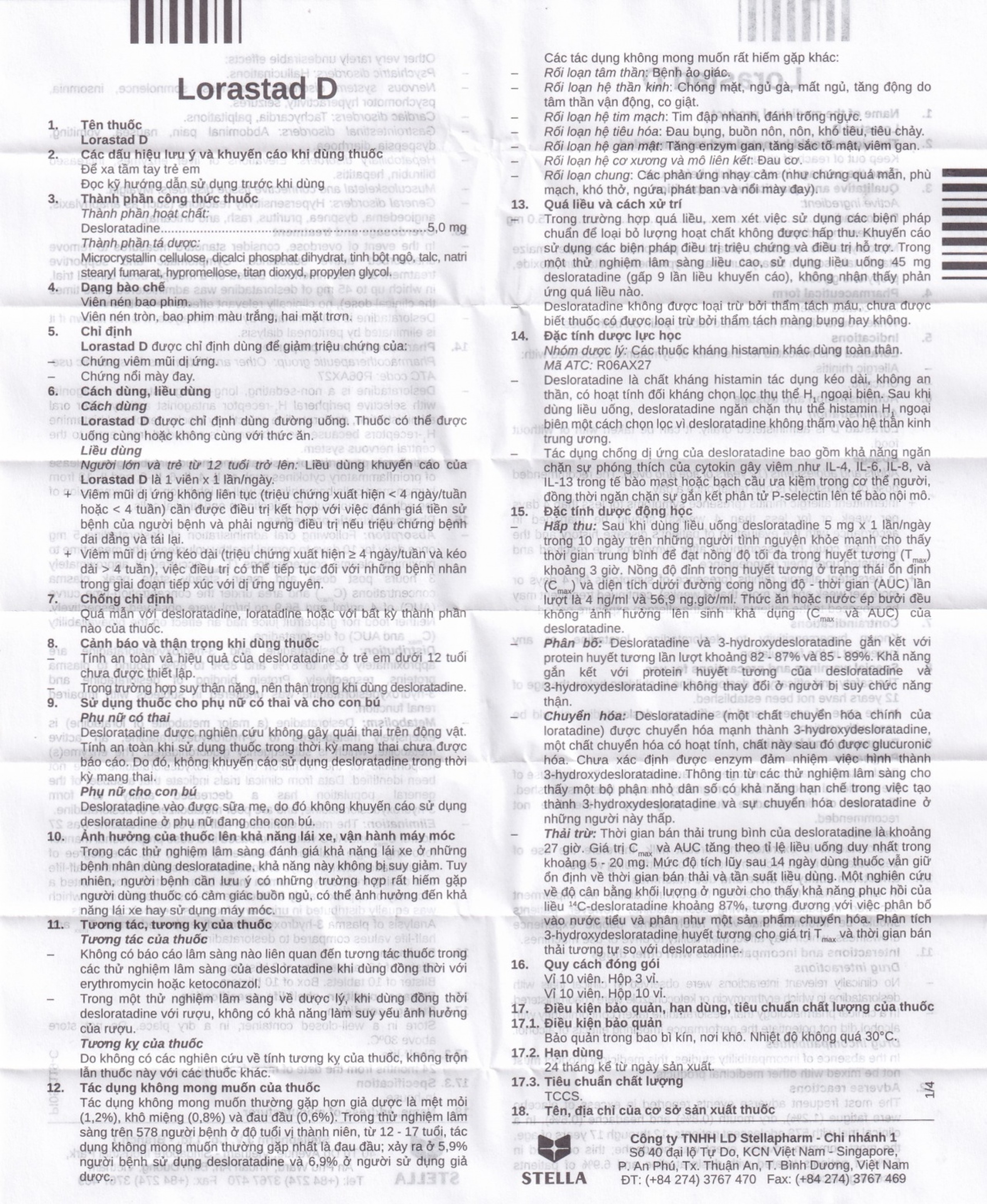 Viên nén Lorastad D 5mg Stella giảm viêm mũi dị ứng, mày đay (3 vỉ x 10 viên)
