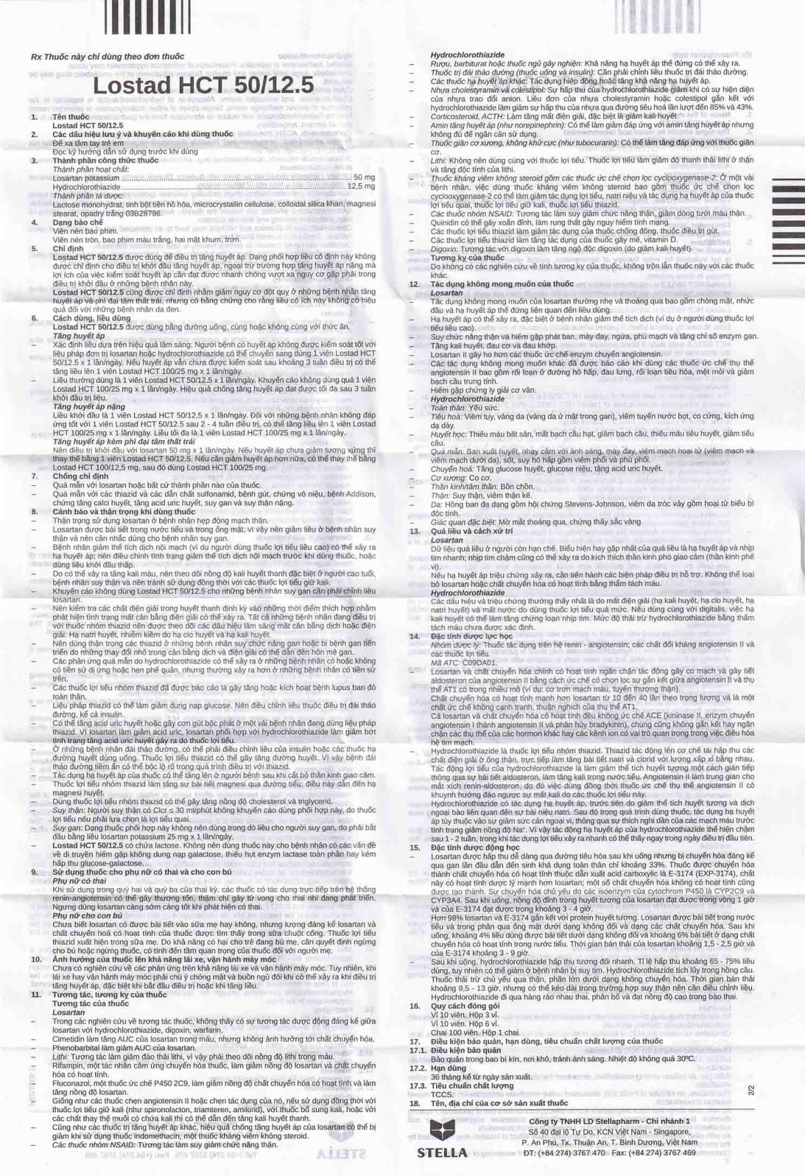 Thuốc Lostad HCT 50/12.5 Stella điều trị tăng huyết áp, giảm nguy cơ đột quỵ (3 vỉ x 10 viên) 