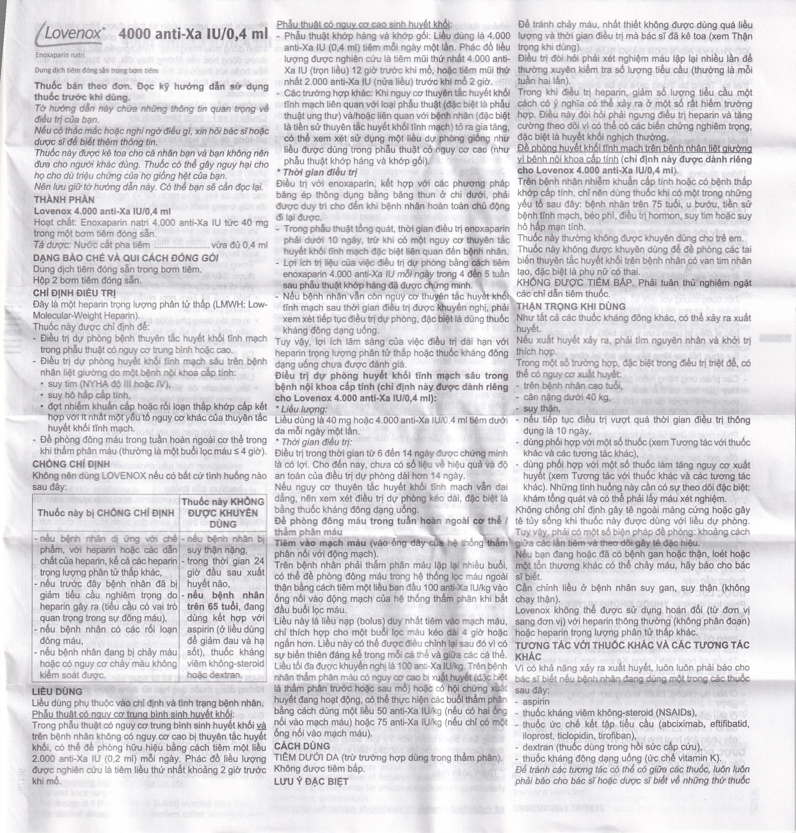 Dung dịch tiêm Lovenox 4000 anti-Xa IU/0.4 ml điều trị dự phòng bệnh thuyên tắc huyết khối tĩnh mạch (2 ống)