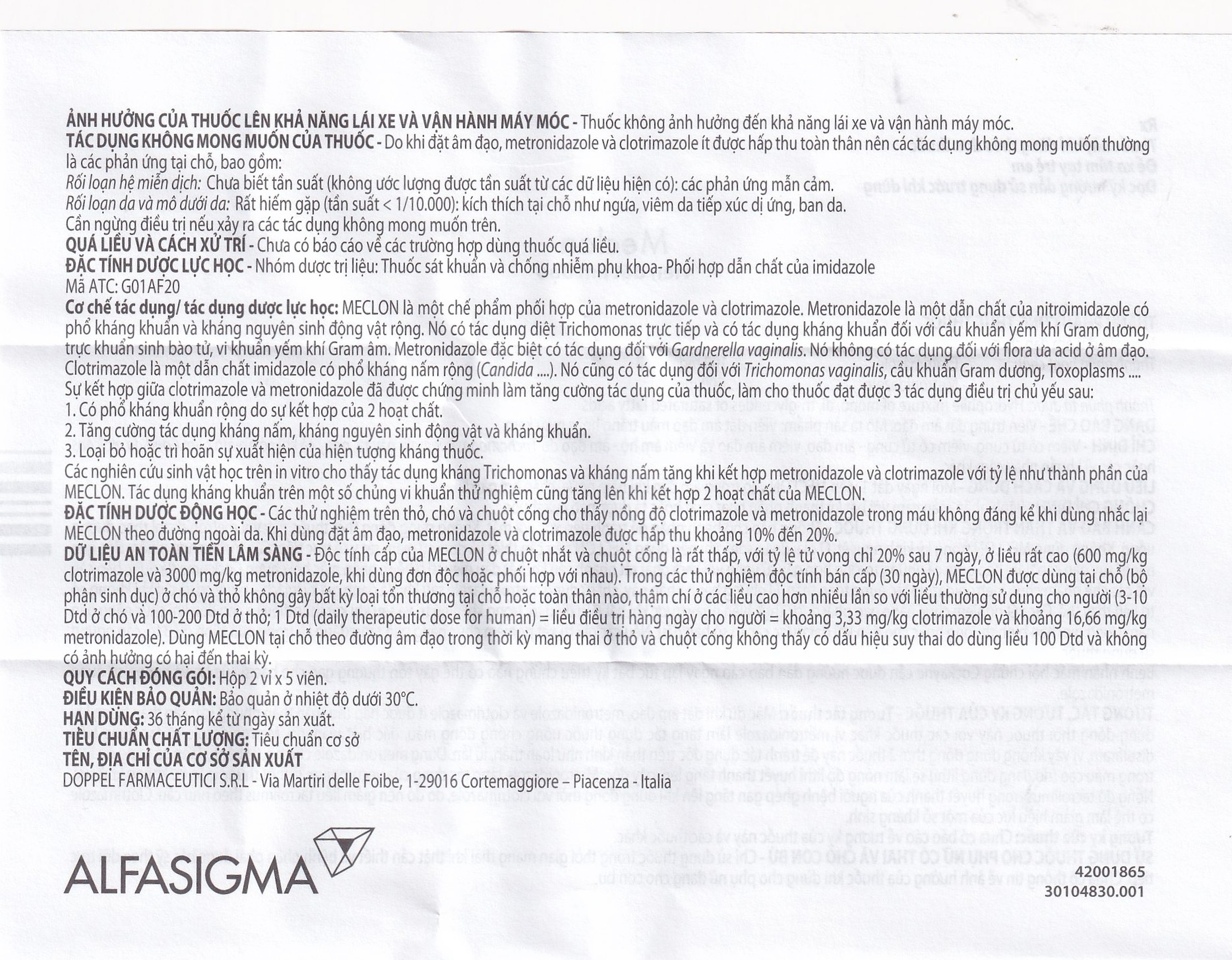 Viên đặt âm đạo Meclon Doppel Pharma điều trị viêm cổ tử cung, âm đạo (2 vỉ x 5 viên)