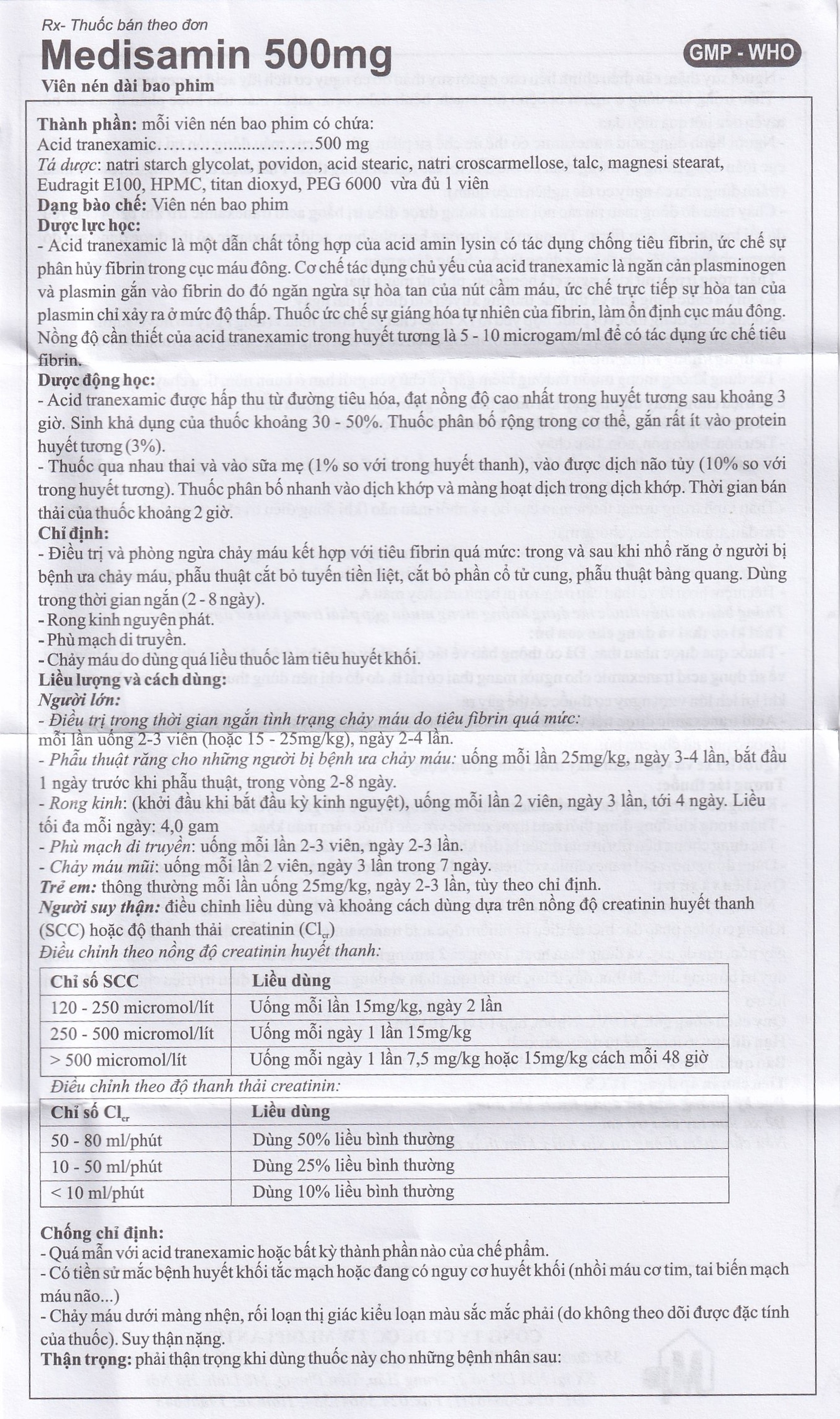 Thuốc Medisamin 500mg Mediplantex điều trị chảy máu ở bệnh ưa chảy máu, rong kinh (10 vỉ x 10 viên) 