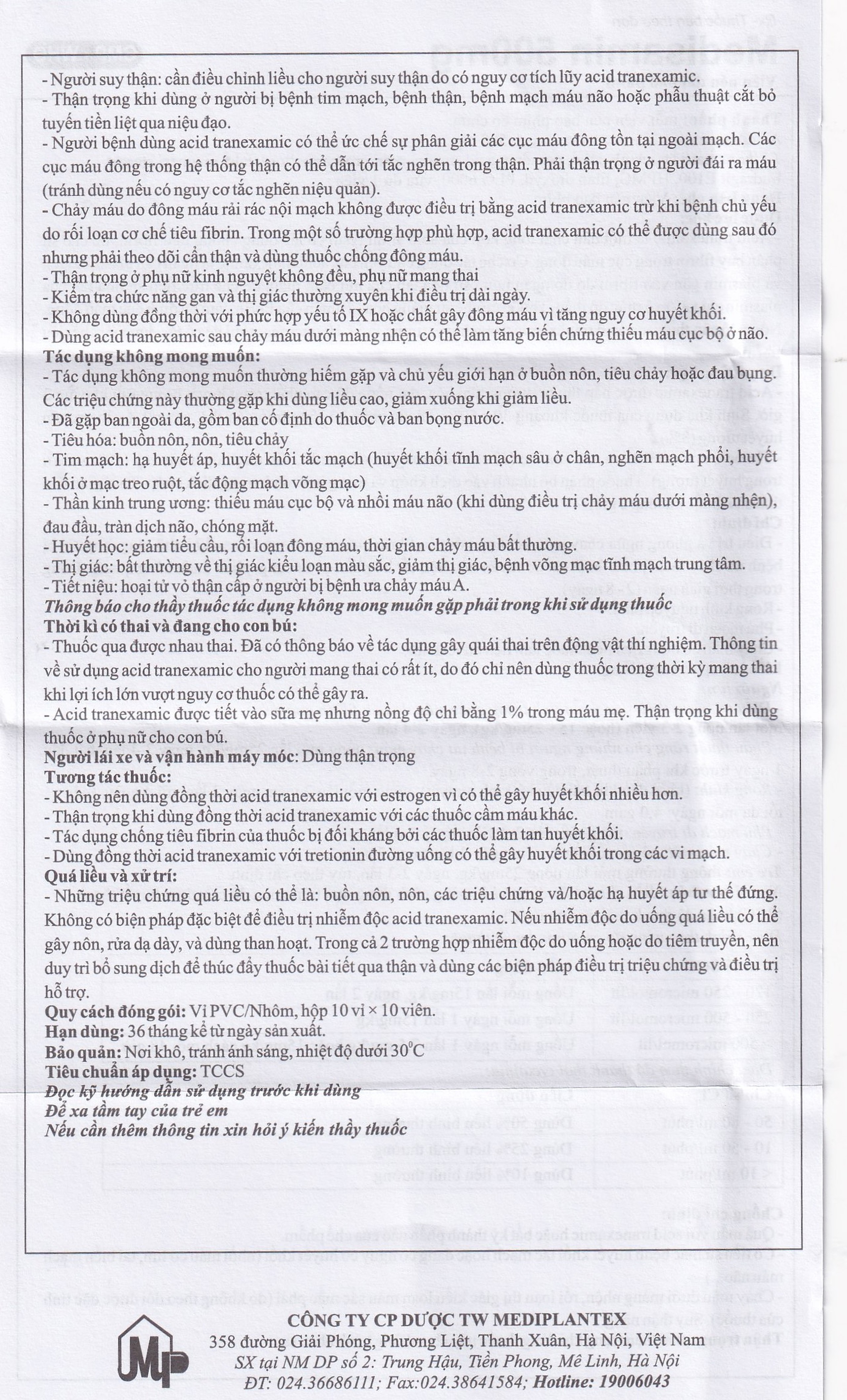 Thuốc Medisamin 500mg Mediplantex điều trị chảy máu ở bệnh ưa chảy máu, rong kinh (10 vỉ x 10 viên) 