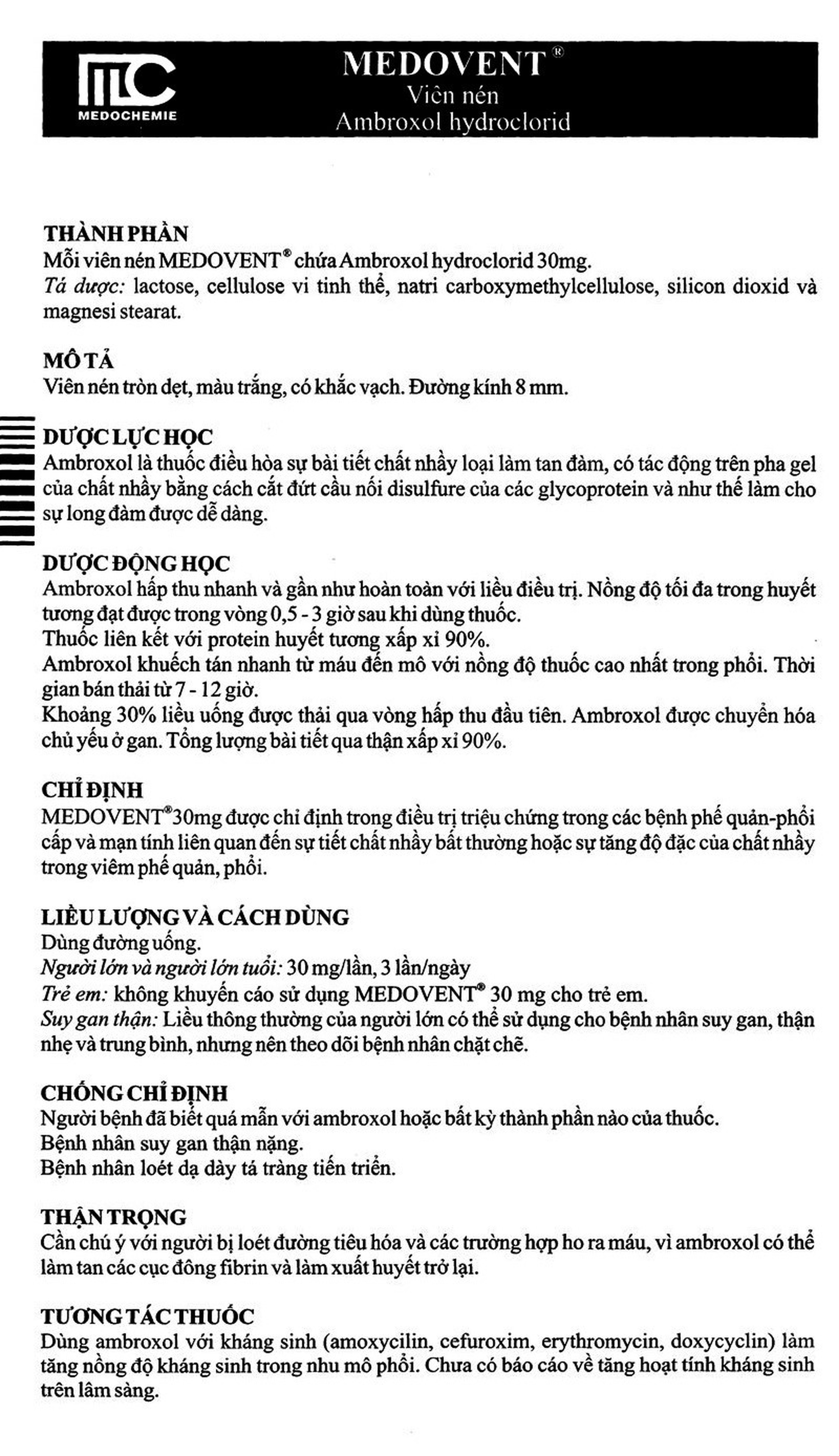 Viên nén Medovent 30mg Medochemie điều trị bệnh phế quản phổi cấp, mạn tính (10 vỉ x 10 viên)