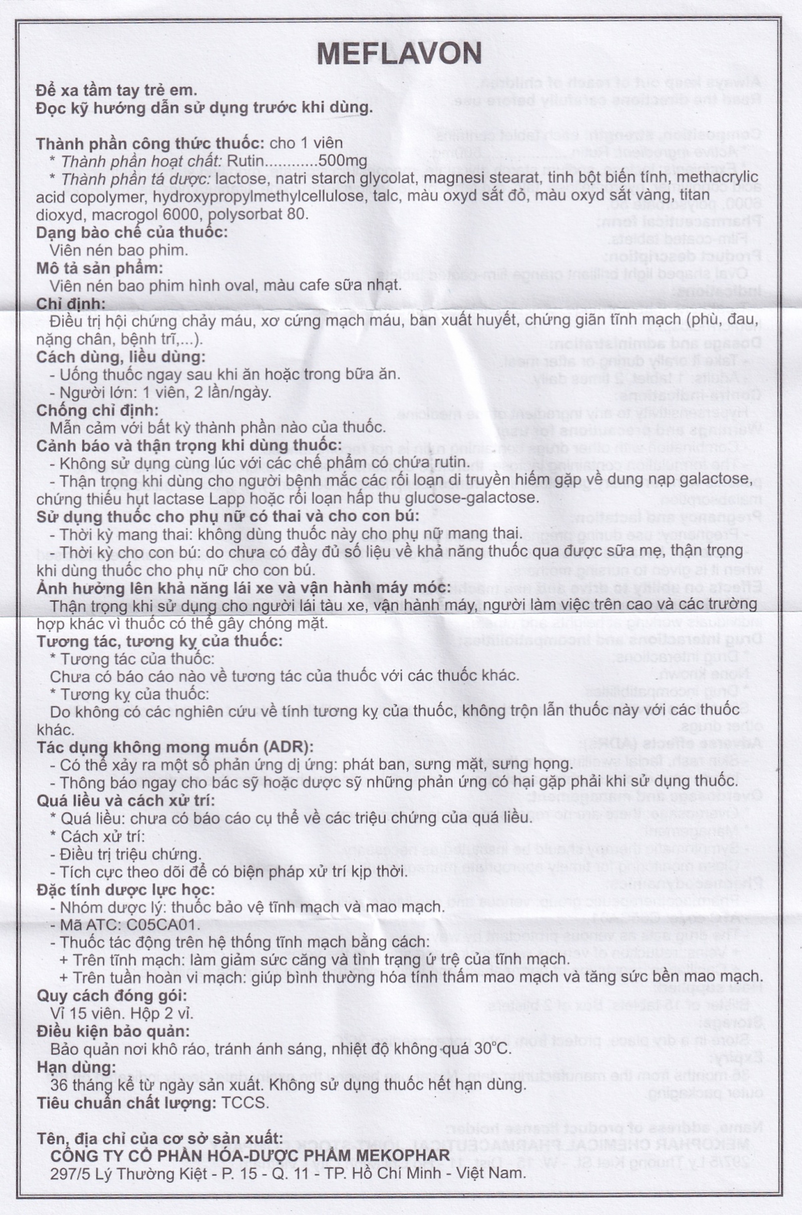 Viên nén Meflavon 500mg Mekophar điều trị hội chứng chảy máu, xơ cứng mạch máu (2 vỉ x 15 viên)