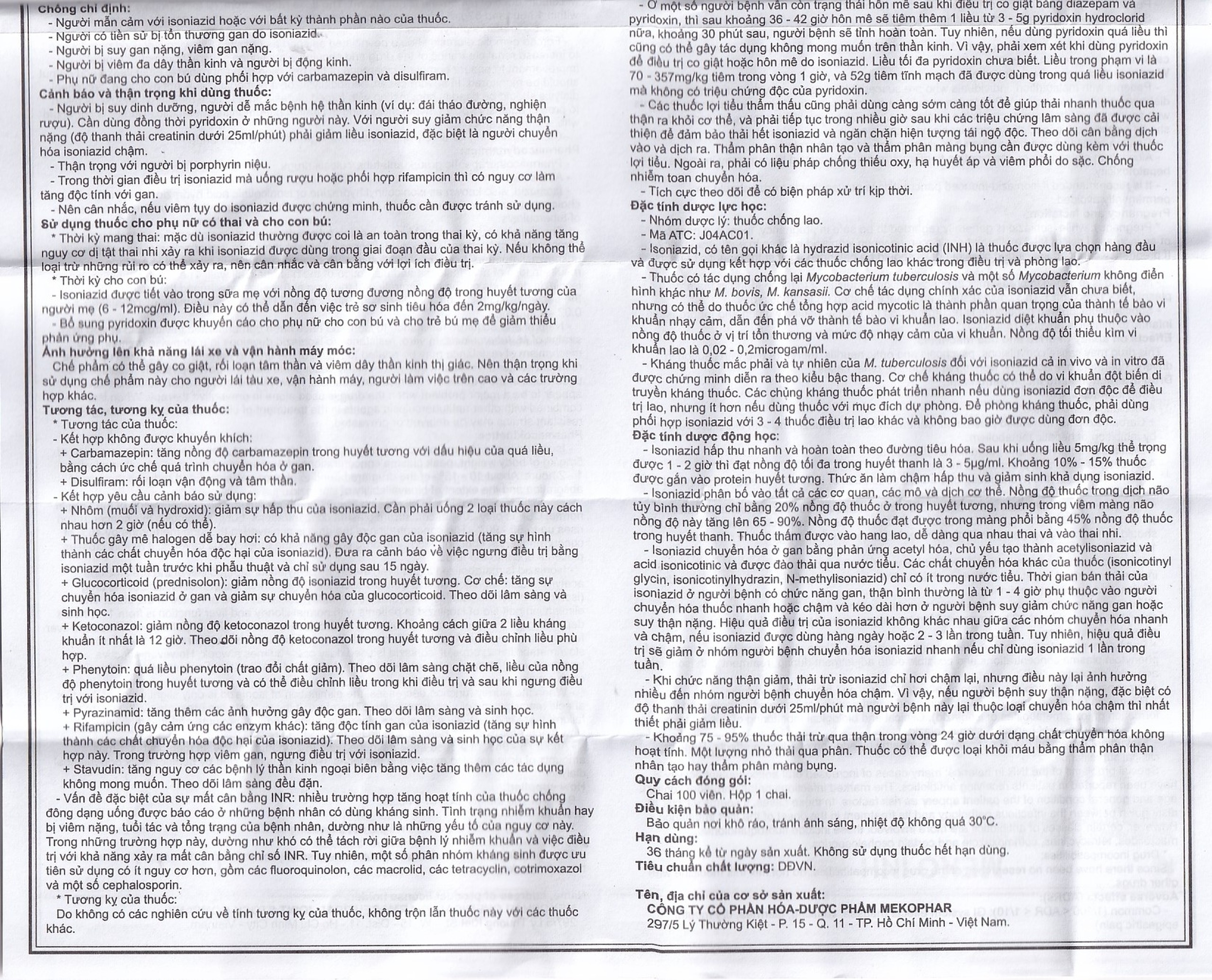 Viên nén Meko INH 150 Mekophar phòng và điều trị lao phổi (100 viên)