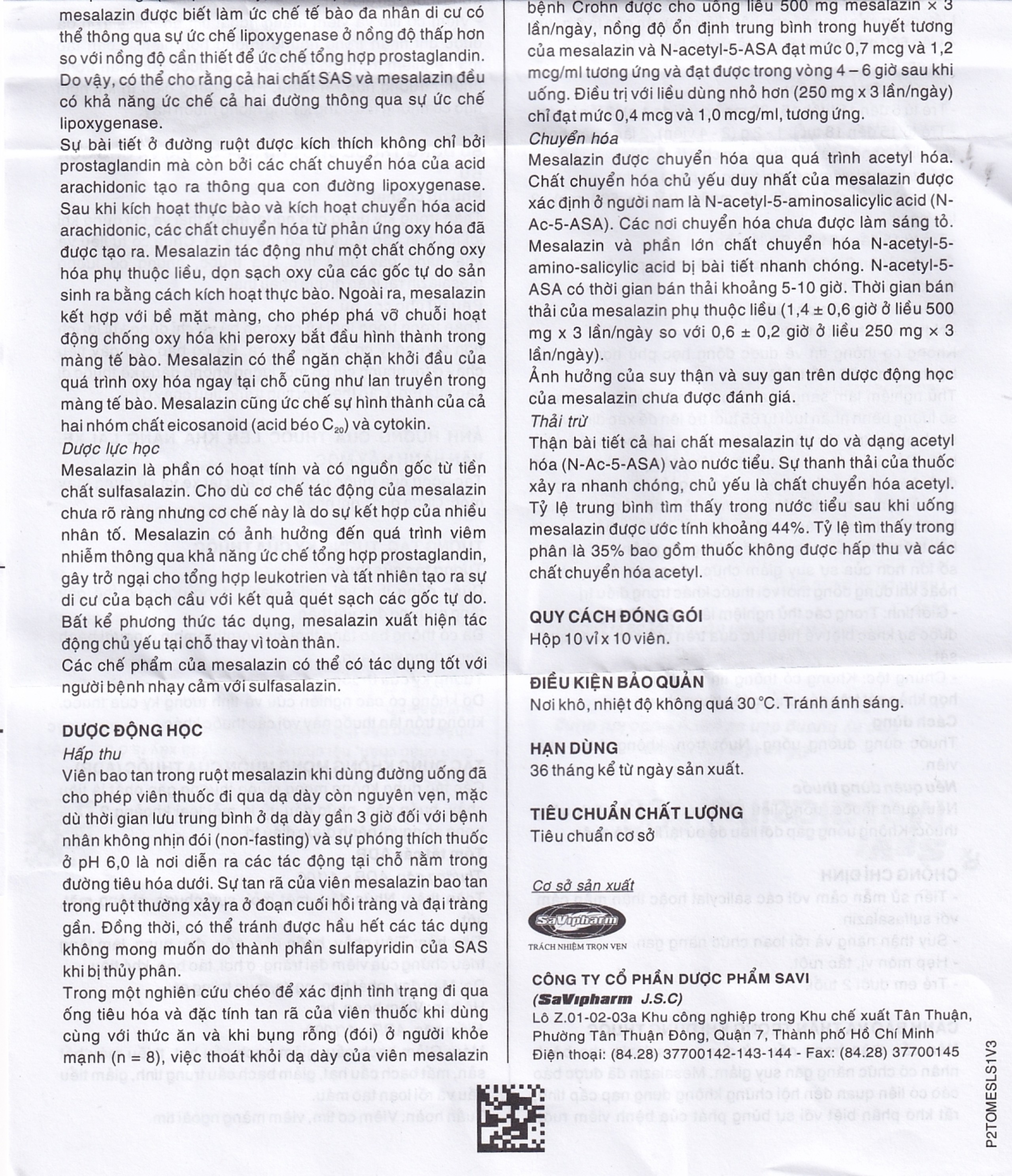 Thuốc Mesalazine 500mg SaviPharm điều trị viêm loét đại tràng (10 vỉ x 10 viên)