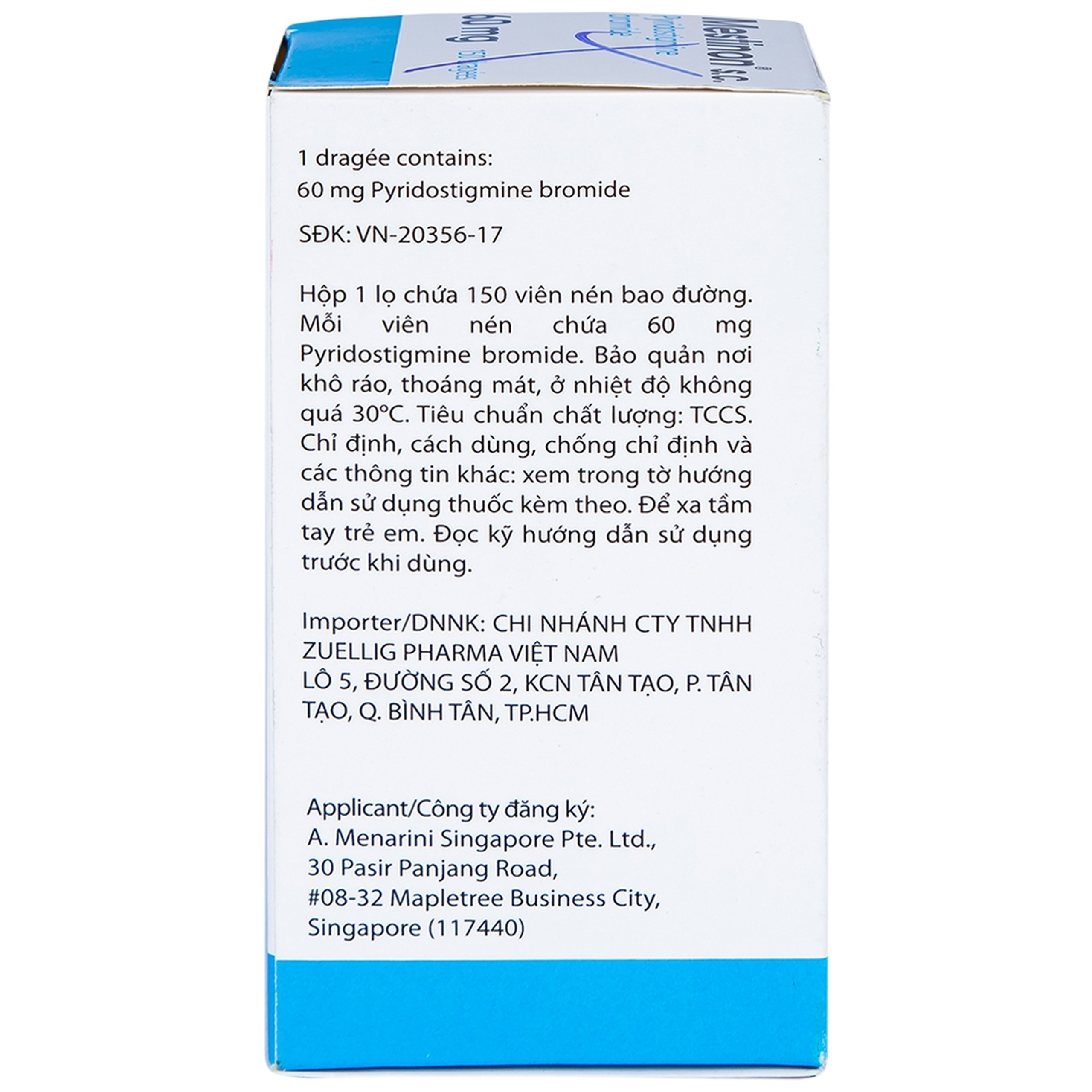 Viên nén Mestinon S.C. 60mg Menarini điều trị nhược cơ,  tắc ruột do liệt ruột và bí tiểu sau phẫu thuật (150 viên)