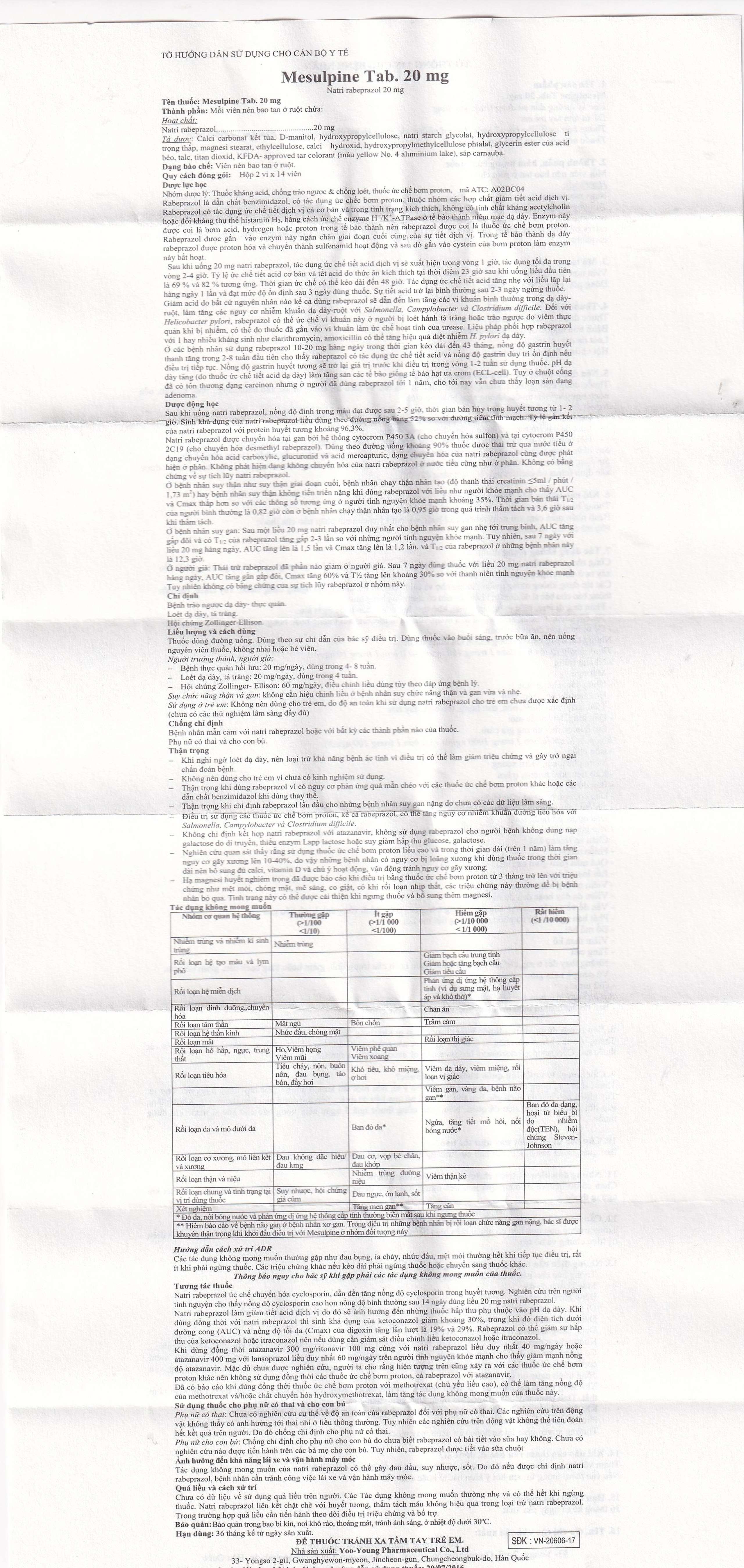 Viên nén Mesulpine 20mg YooYoung điều trị bệnh trào ngược dạ dày, thực quản (2 vỉ x 14 viên) 