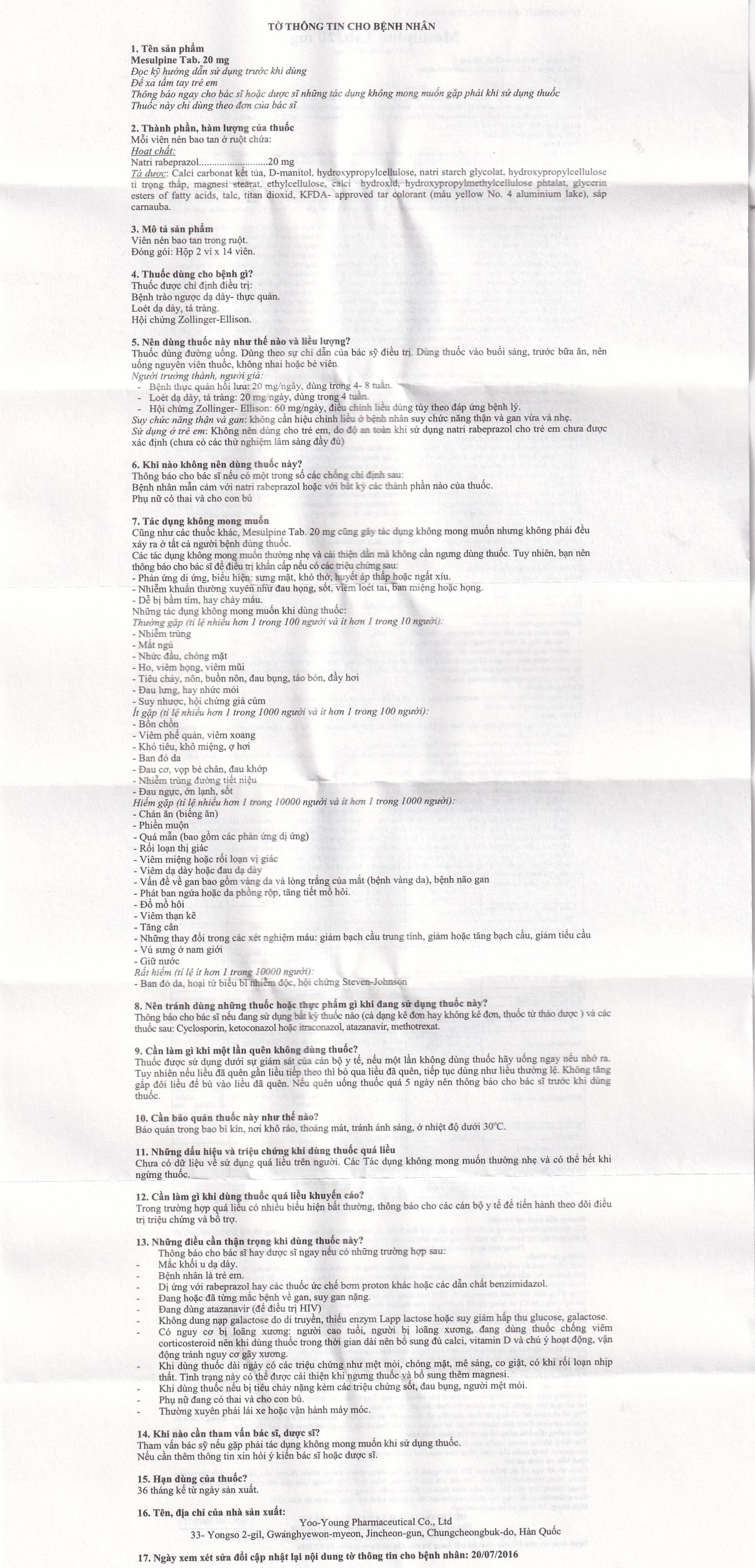 Viên nén Mesulpine 20mg YooYoung điều trị bệnh trào ngược dạ dày, thực quản (2 vỉ x 14 viên) 