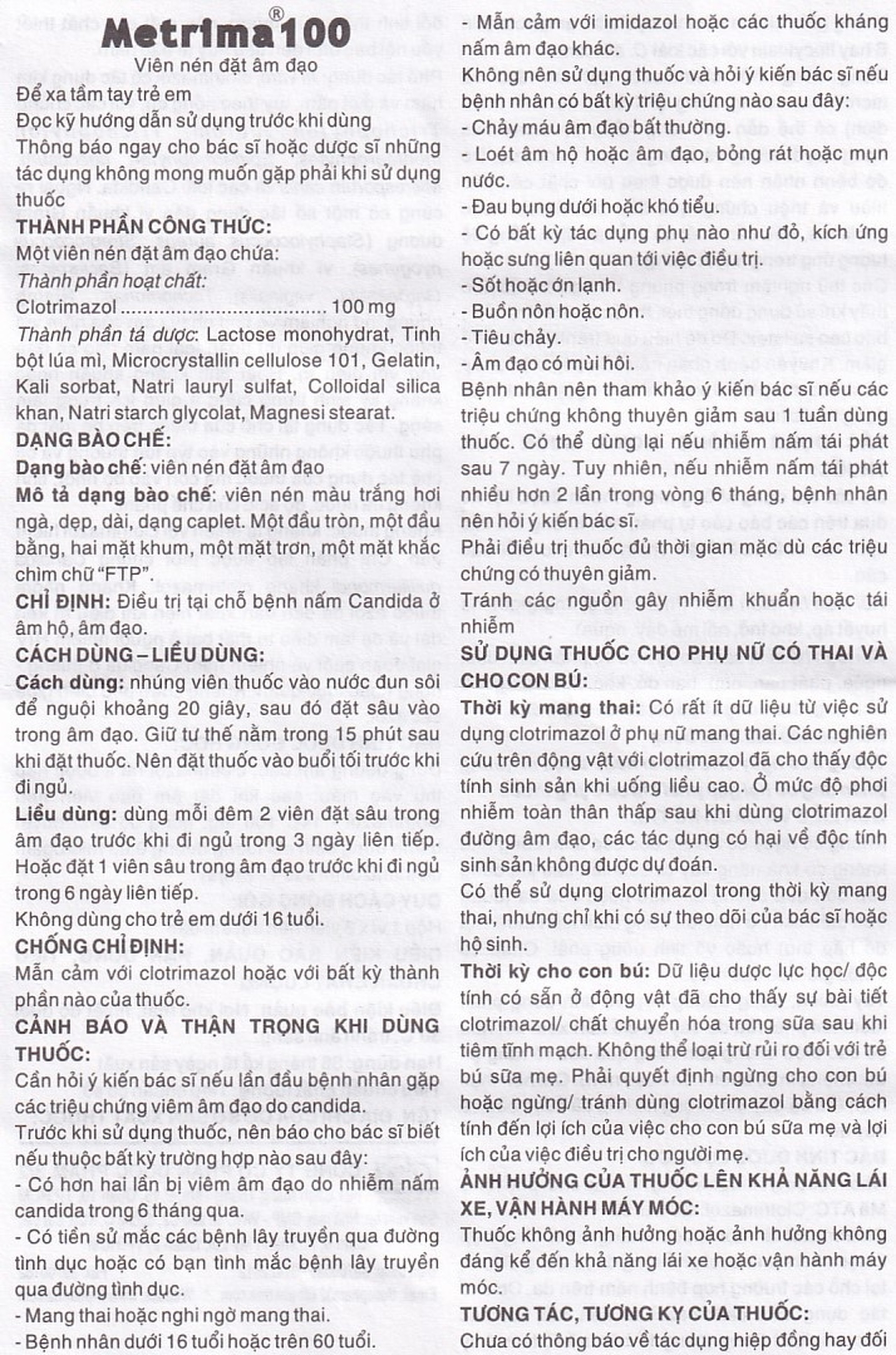 Viên đặt âm đạo Metrima 100 Dược 3-2 điều trị nấm candida (1 vỉ x 6 viên)