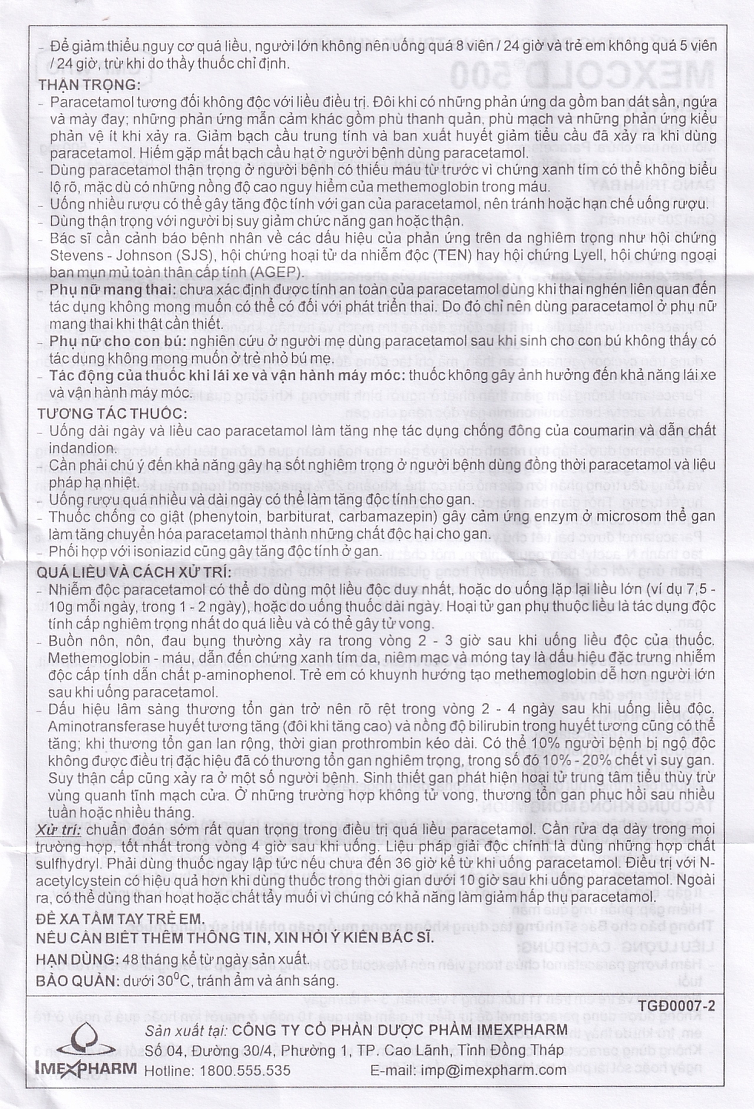 Viên nén Mexcold 500 Imexpharm điều trị đau đầu, đau răng, đau nhức bắp thịt (10 vỉ x 10 viên)