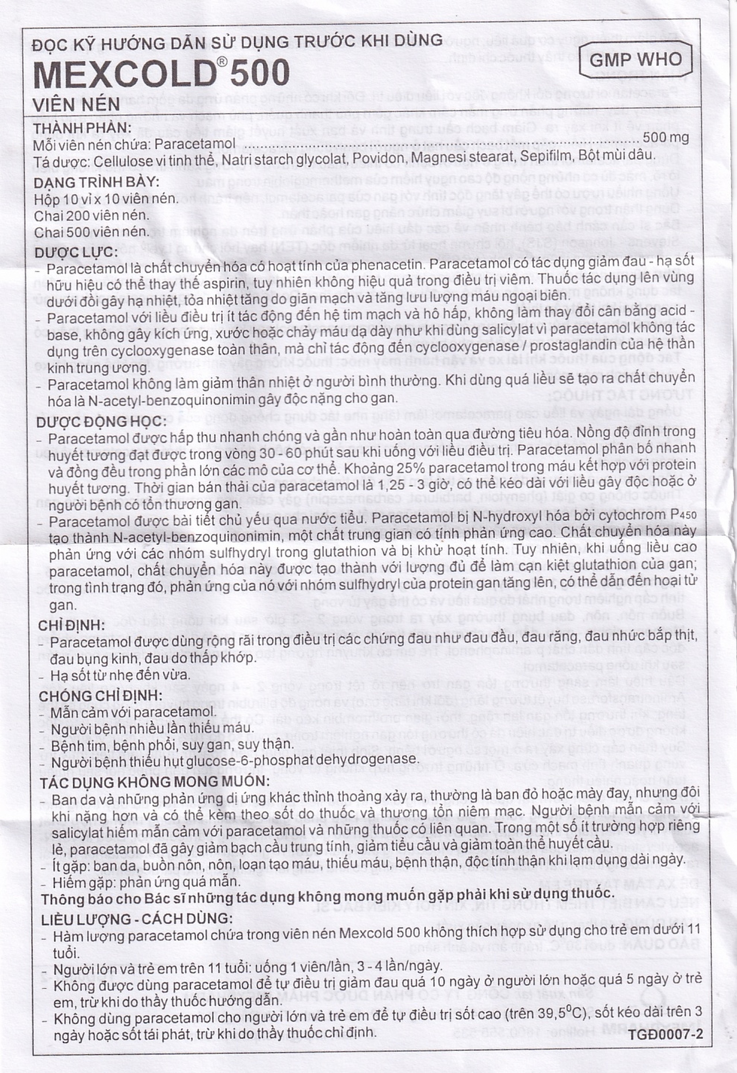 Viên nén Mexcold 500 Imexpharm điều trị đau đầu, đau răng, đau nhức bắp thịt (10 vỉ x 10 viên)