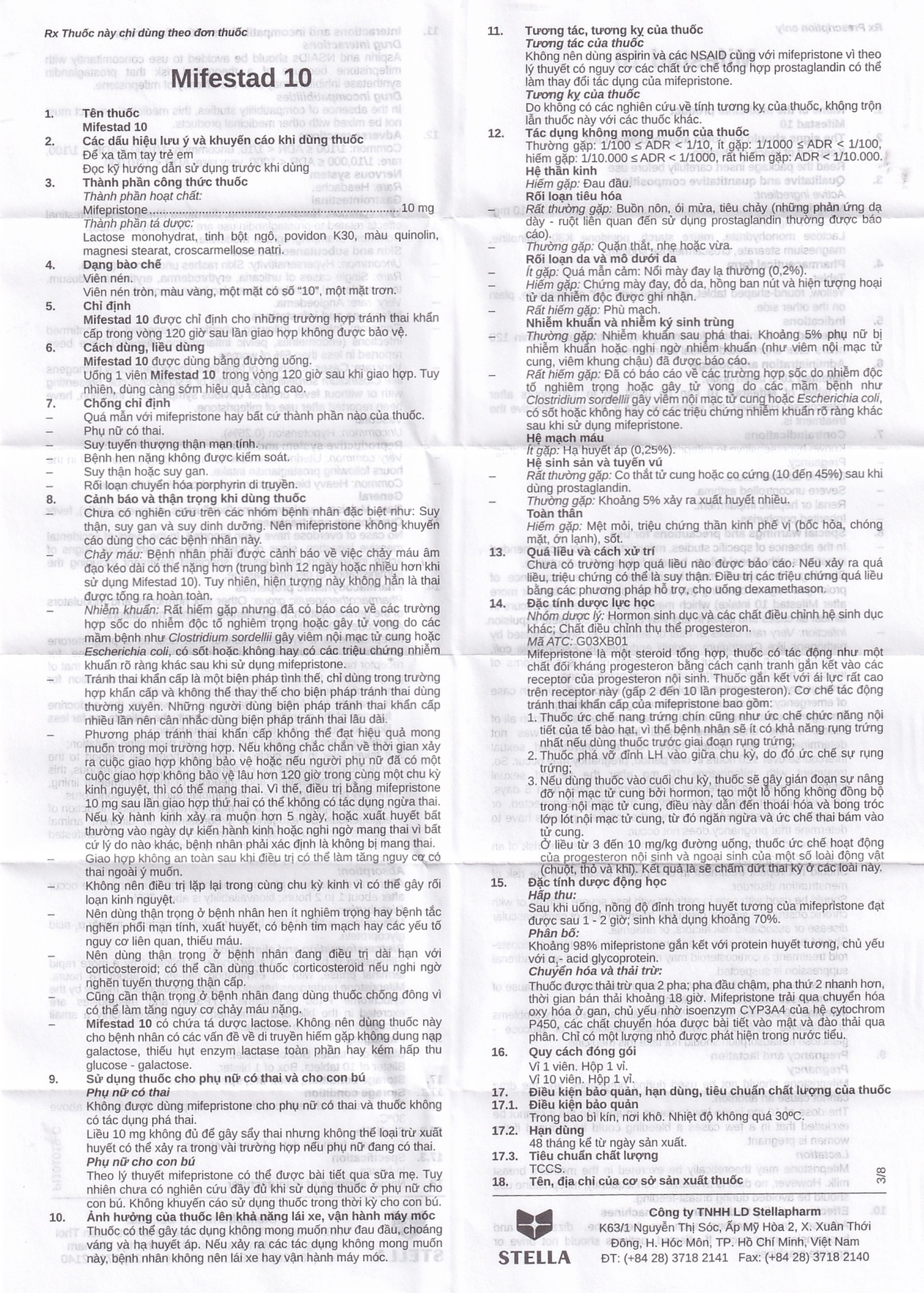 Thuốc Mifestad 10 Stella điều trị tránh thai khẩn cấp trong 120 giờ sau khi giao hợp (1 viên)