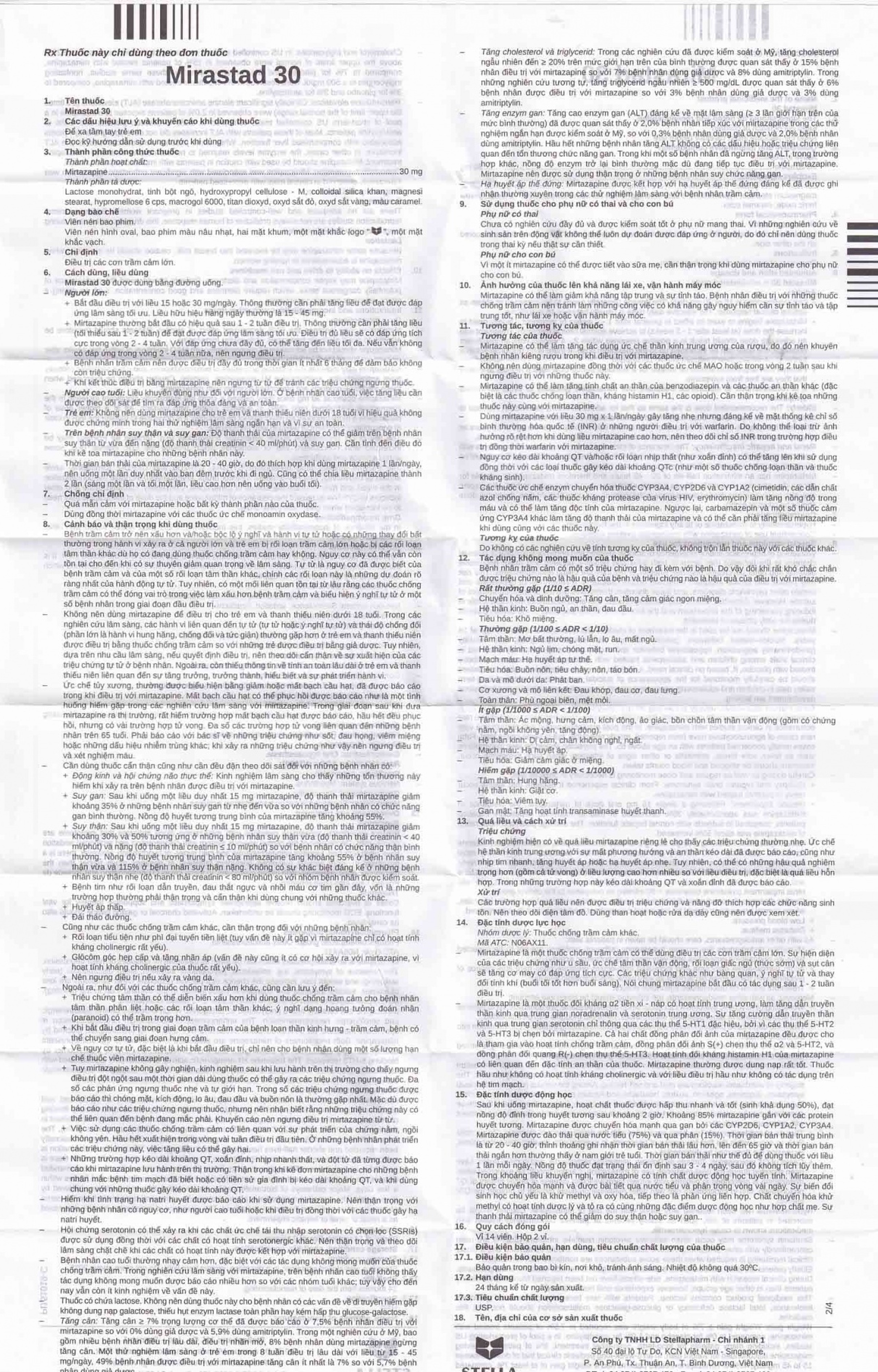 Viên nén Mirastad 30 Stella điều trị trầm cảm, duy trì cân bằng tinh thần (2 vỉ x 14 viên)