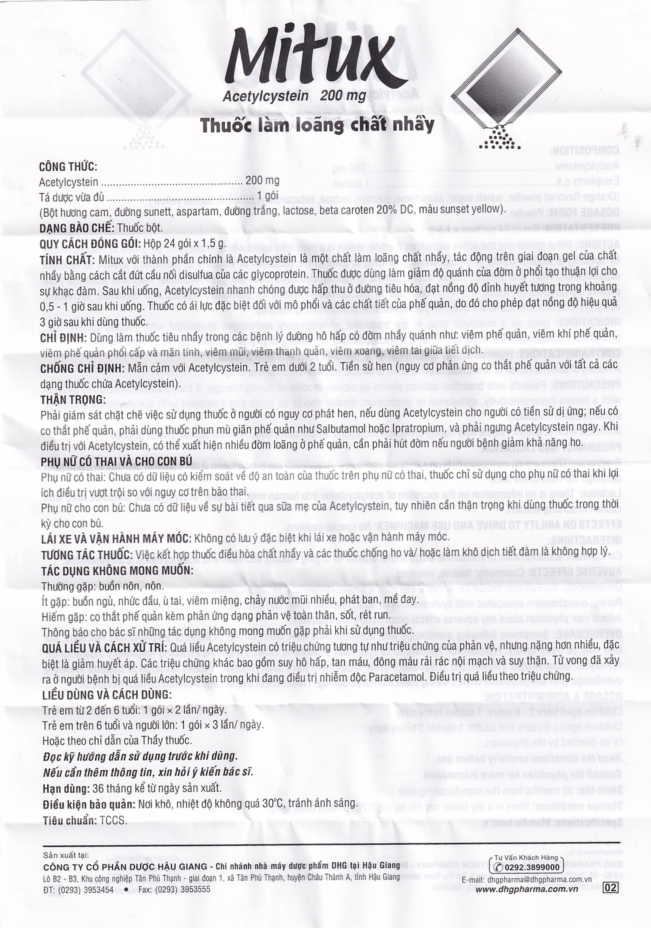 Thuốc bột uống Mitux 200mg DHG Pharma làm loãng chất nhầy đường hô hấp (24 gói x 1,5g)    	