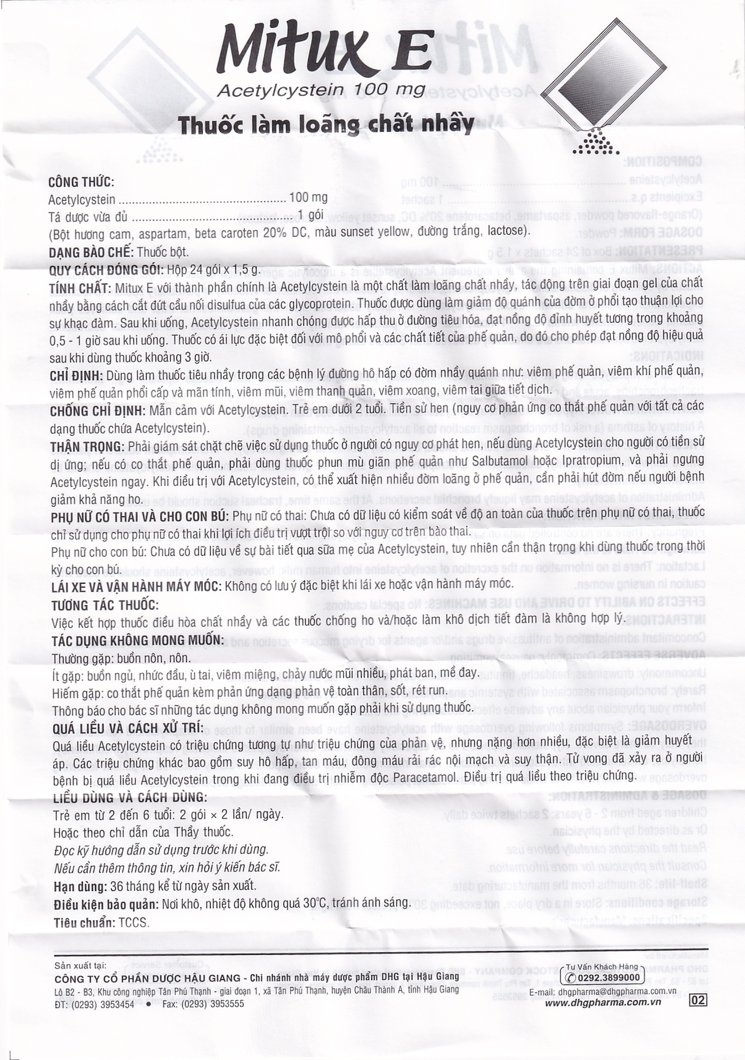 Thuốc bột uống Mitux E 100mg DHG Pharma làm loãng chất nhầy (24 gói x 1,5g)