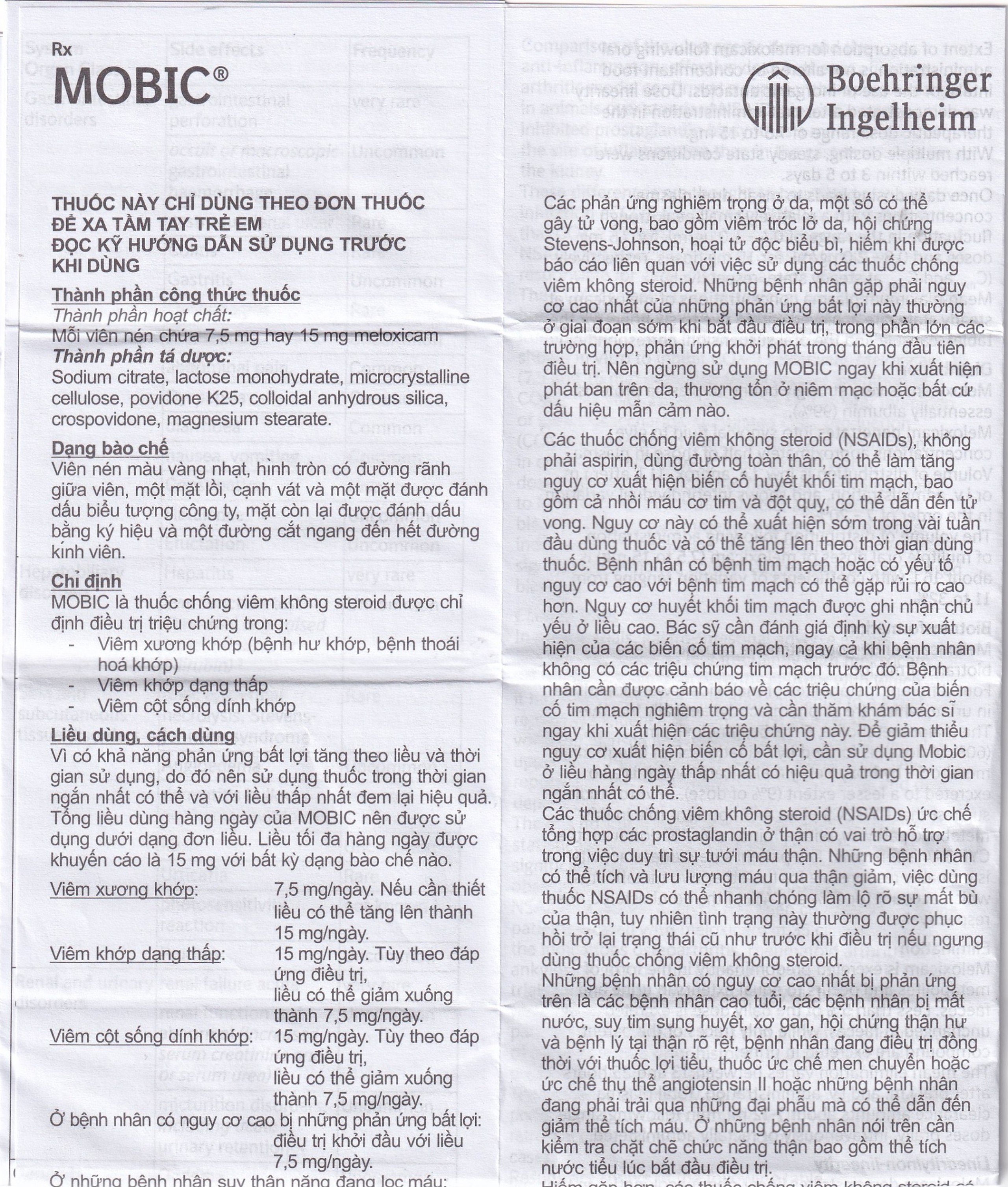 Thuốc Mobic 7.5mg Boehringer điều trị viêm xương khớp (2 vỉ x 10 viên)