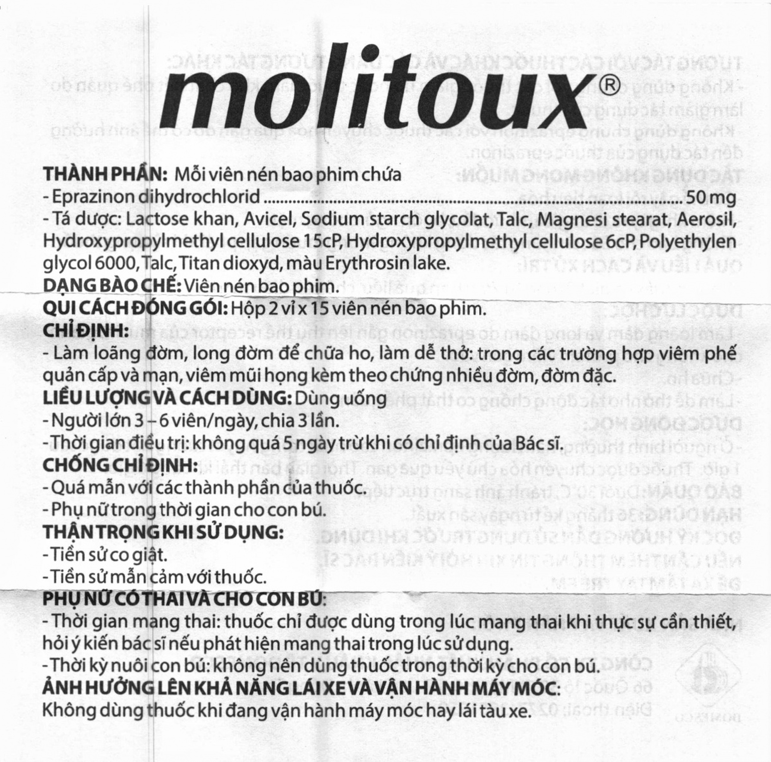 Thuốc Molitoux 50mg Domesco loãng đờm, long đờm (2 vỉ x 15 viên)