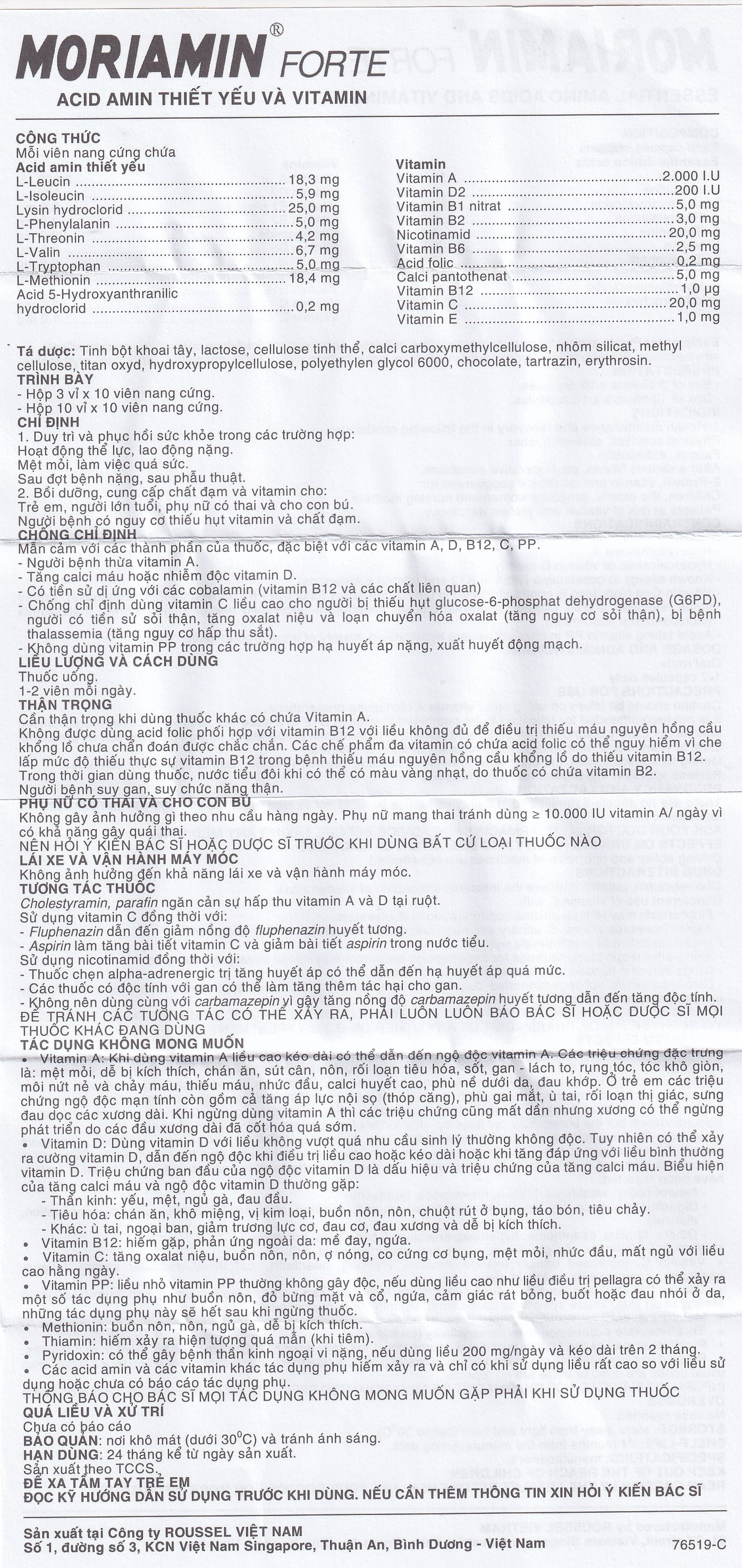 Viên nang cứng Moriamin Forte Roussel hỗ trợ duy trì và phục hồi sức khỏe (10 vỉ x 10 viên)