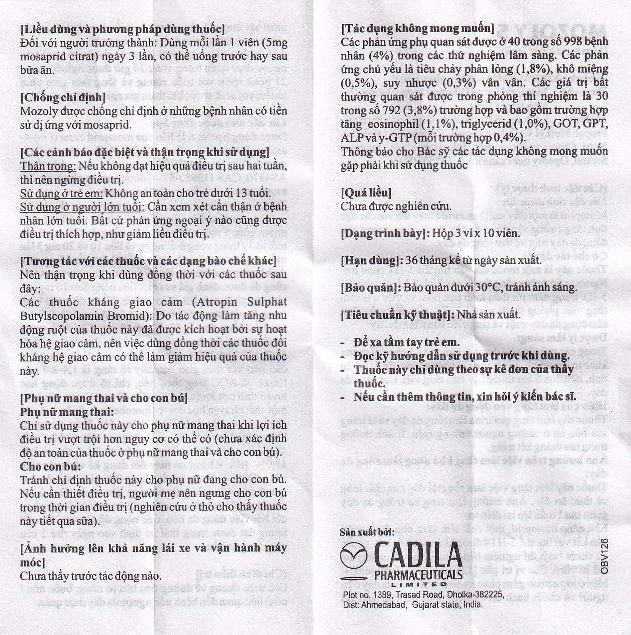 Viên nén Mozoly 5mg Cadila điều trị ợ nóng, buồn nôn, trào ngược dạ dày - thực quản (3 vỉ x 10 viên) 