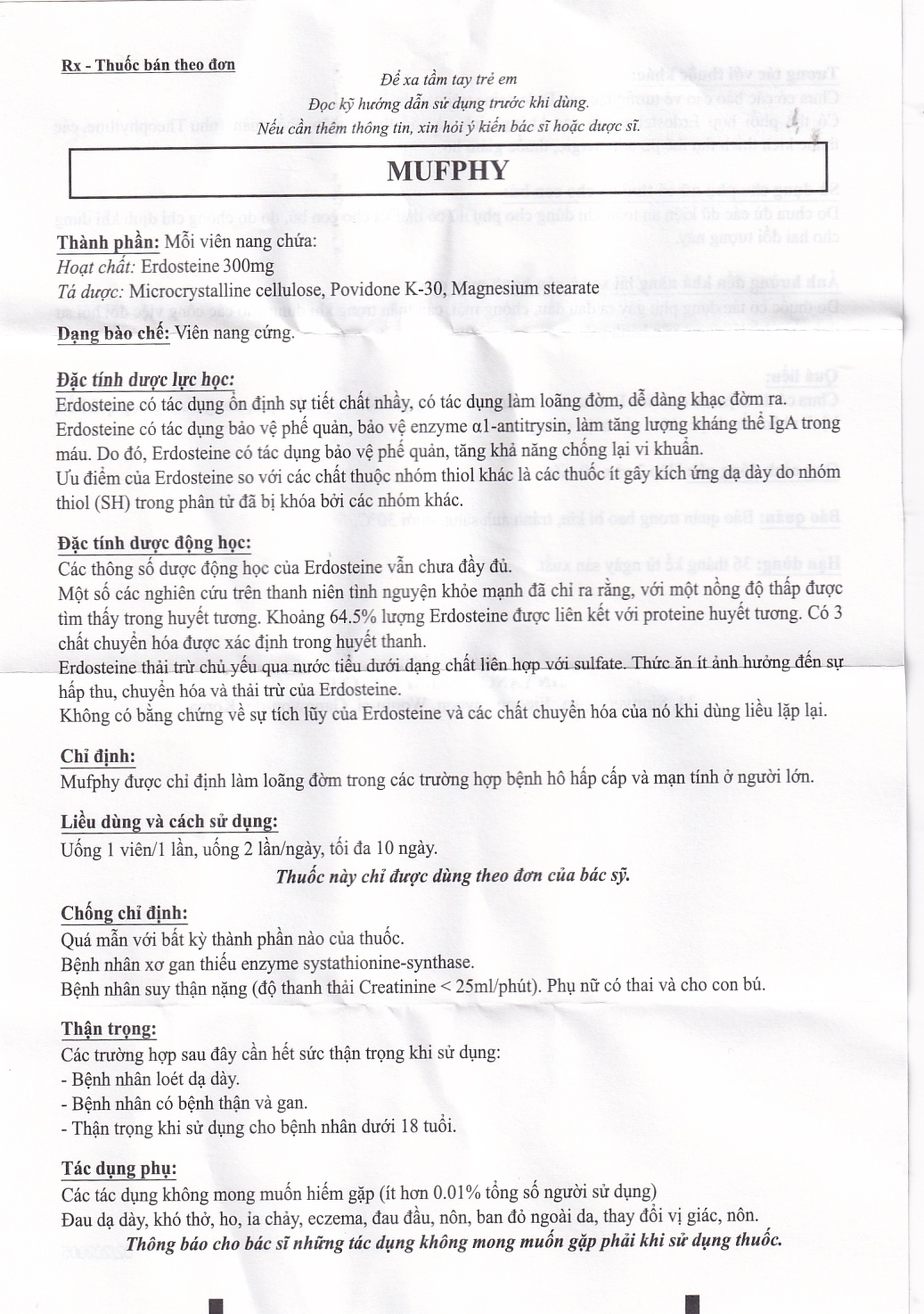 Viên nang cứng Mufphy 300mg Jin Yang Pharm điều trị bệnh hô hấp cấp và mạn tính (3 vỉ x 10 viên)