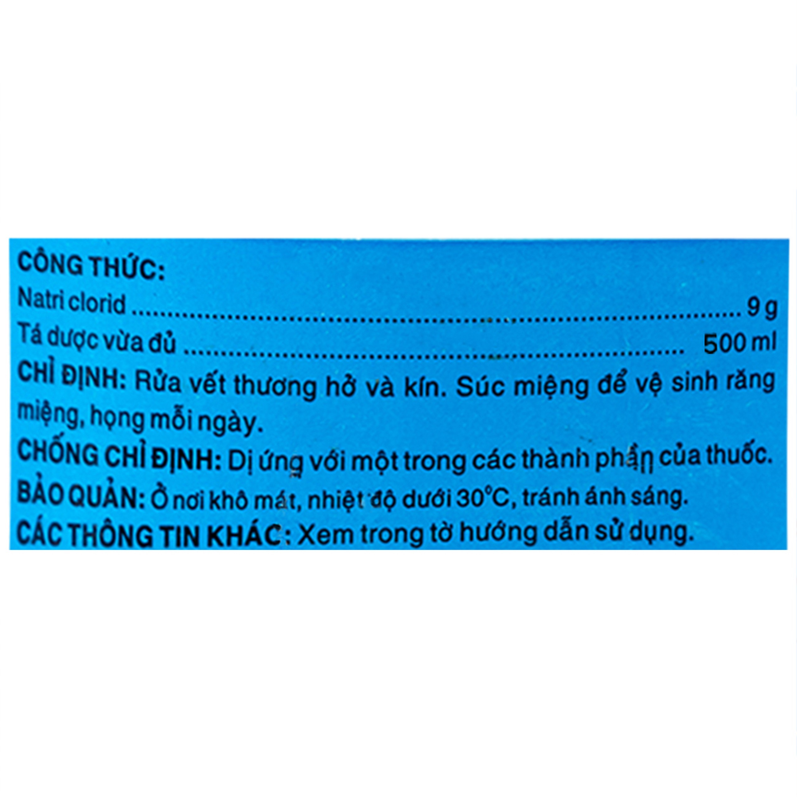 Dung dịch vô trùng Natri Clorid 0,9% Dược 3-2 rửa vết thương hở và kín, súc miệng (500ml)
