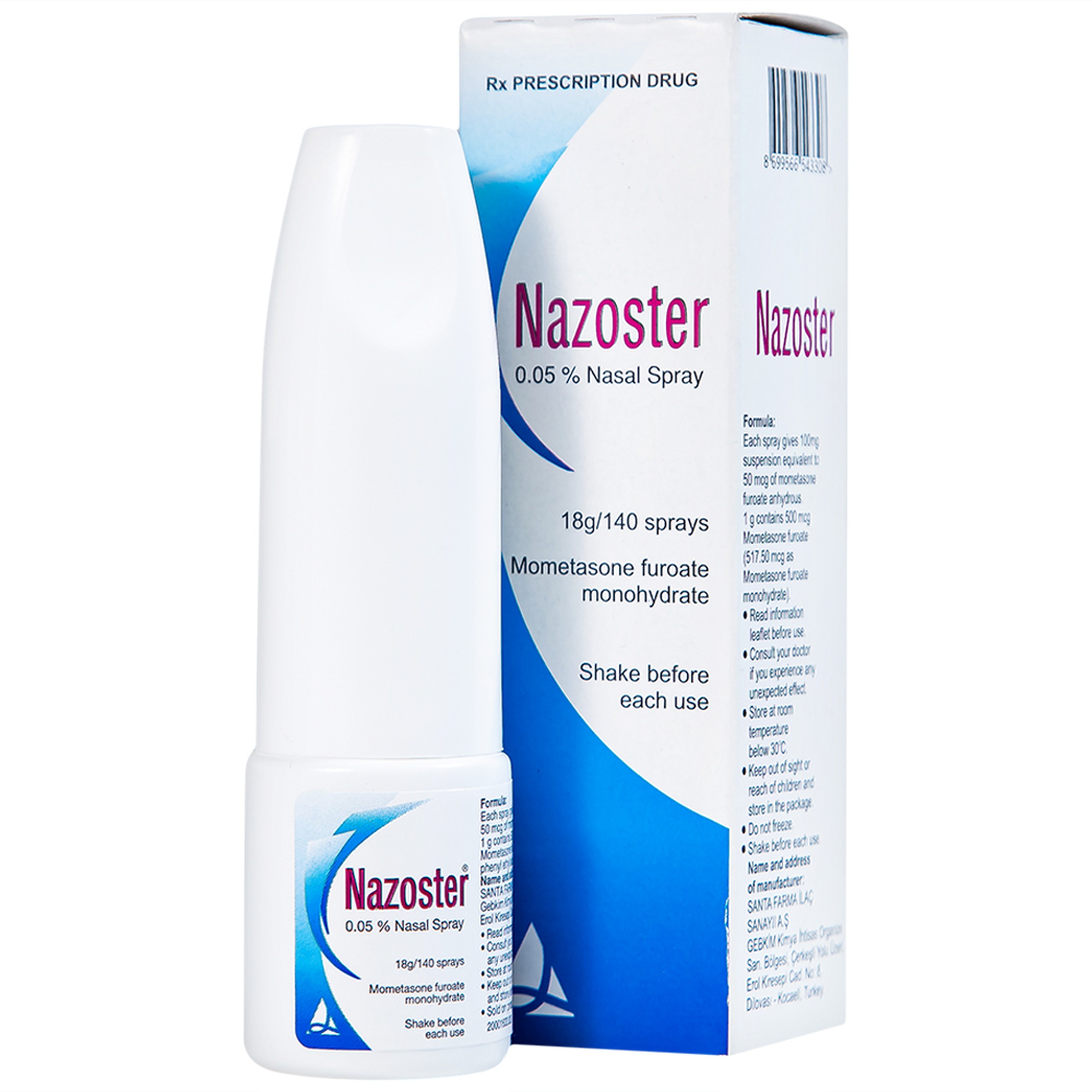 Hỗn dịch xịt mũi Nazoster 0.05% Nasal Spray Santa điều trị viêm mũi dị ứng (18g)