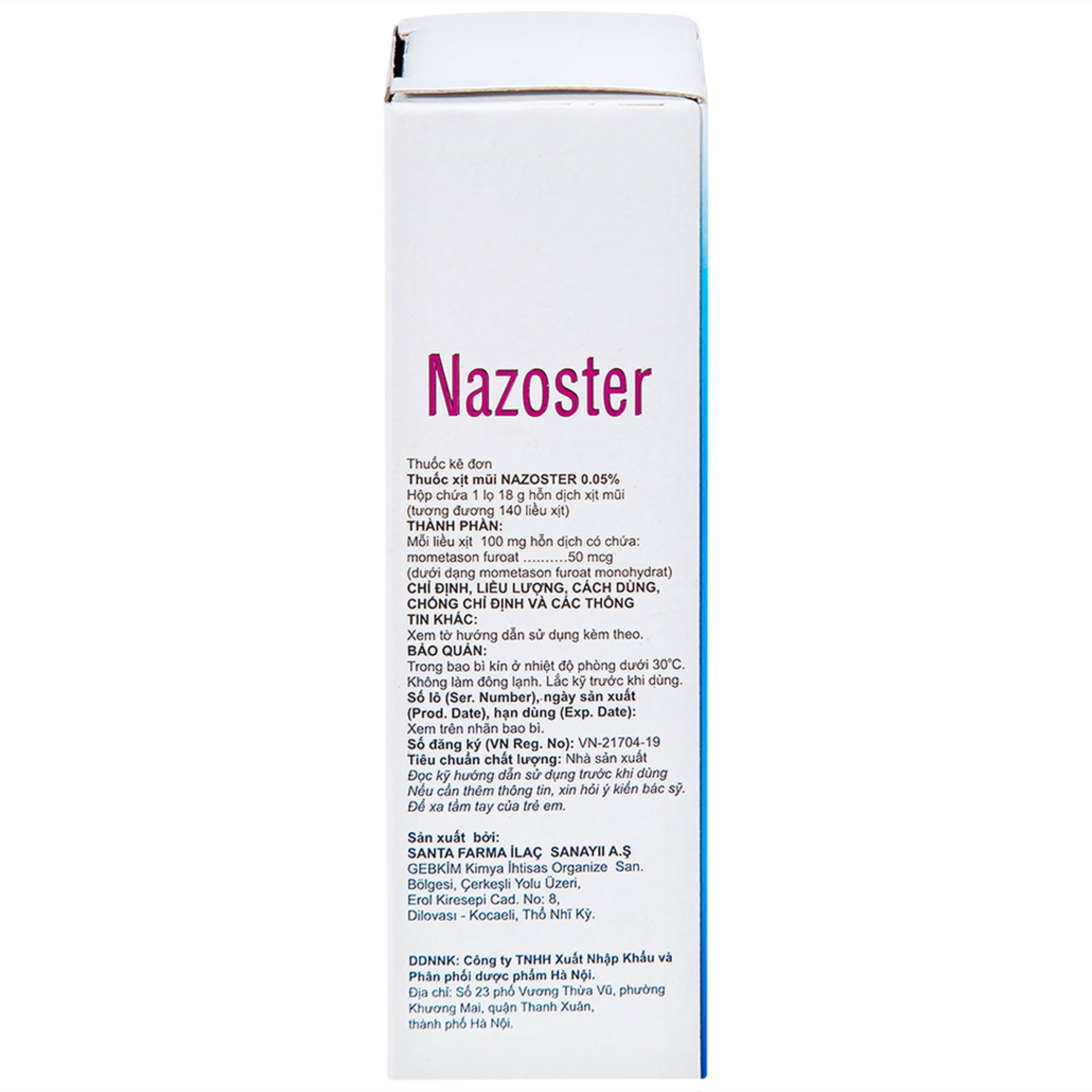 Hỗn dịch xịt mũi Nazoster 0.05% Nasal Spray Santa điều trị viêm mũi dị ứng (18g)