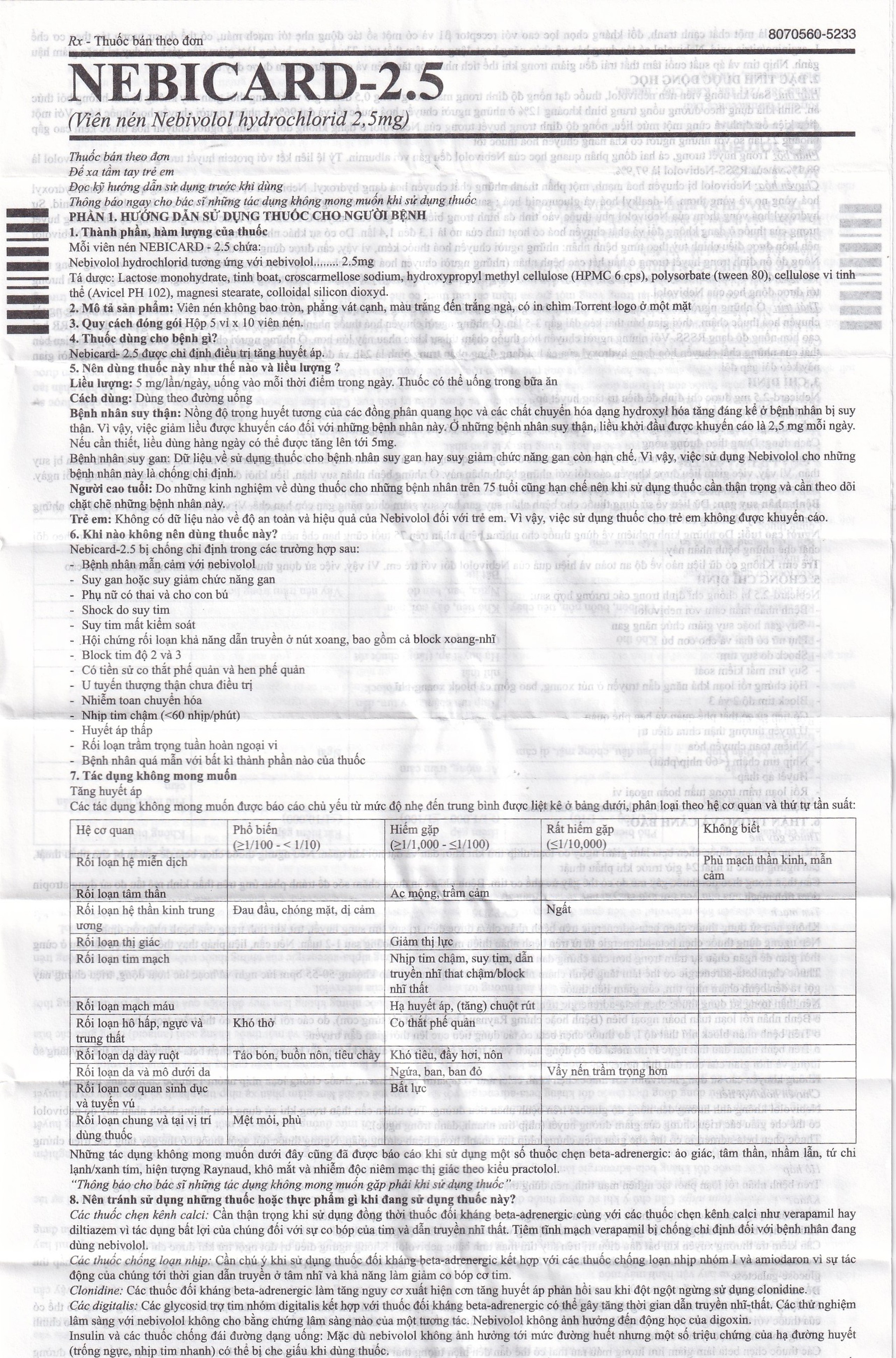 Viên nén Nebicard 2.5 Torrent điều trị tăng huyết áp (5 vỉ x 10 viên)
